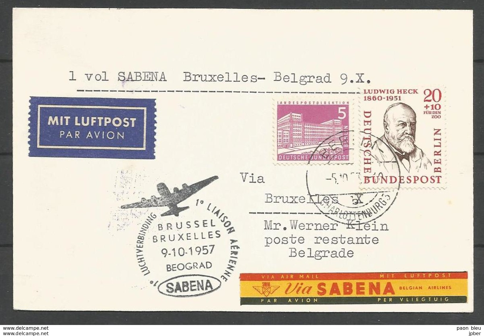 Aerophilatelie - Berlin - Luftpost - 1957 - Erstflug Sabena Bruxelles-Belgrade Beograd - Ludwig Heck - Sonstige & Ohne Zuordnung