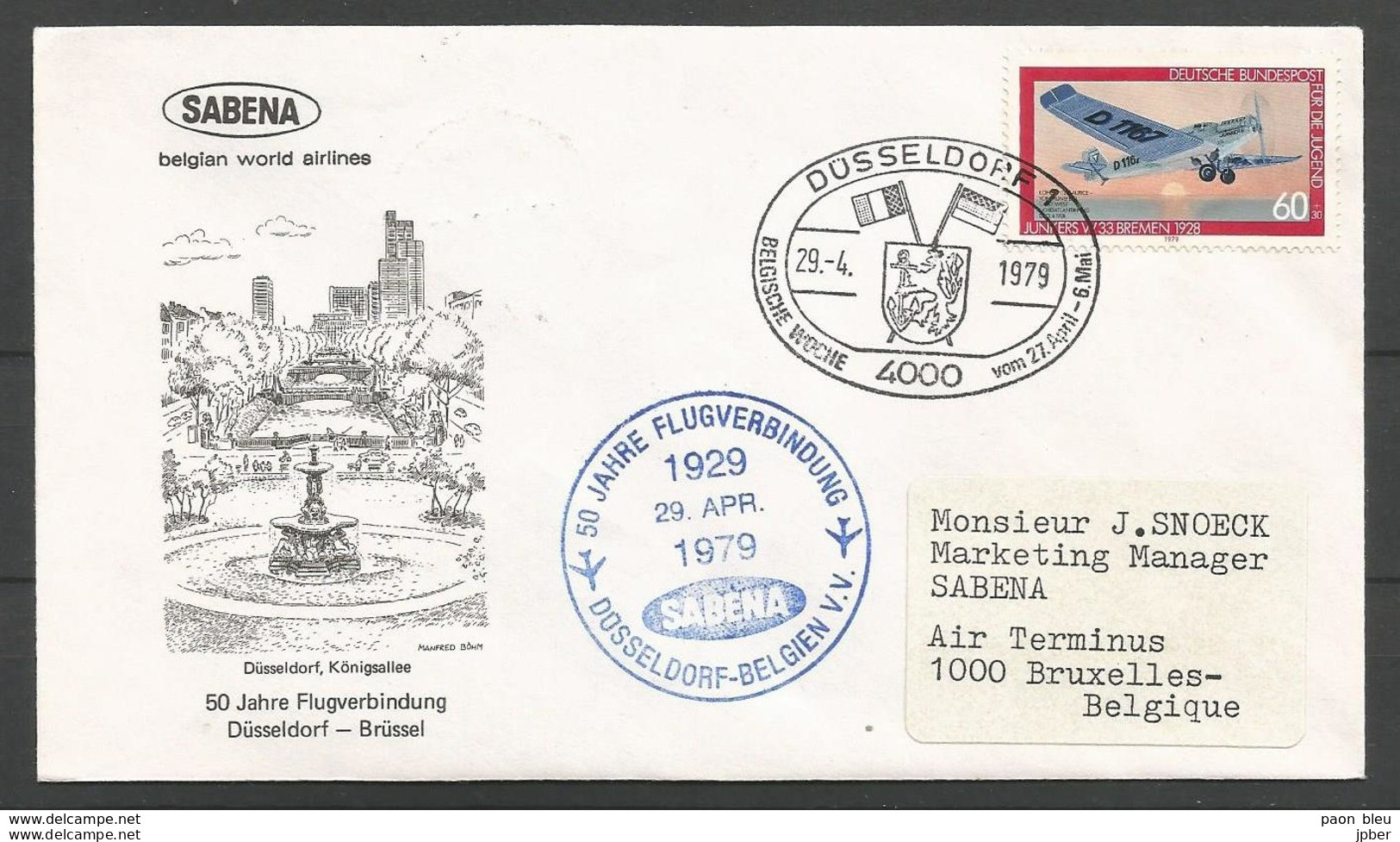 Aerophilatelie - Deutschland - Luftpost - 1979 - Sabena Düsseldorf-Brüssel Belgien - Junkers - Sonstige & Ohne Zuordnung