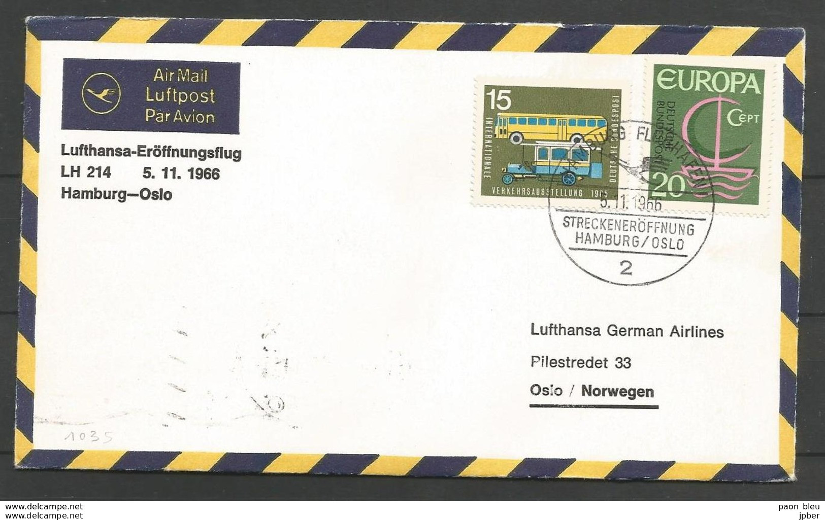 Aerophilatelie - Deutschland - Luftpost - 1966 - Erstflug Lufthansa LH214 Hamburg-Oslo - Autobus - Europa - Sonstige & Ohne Zuordnung