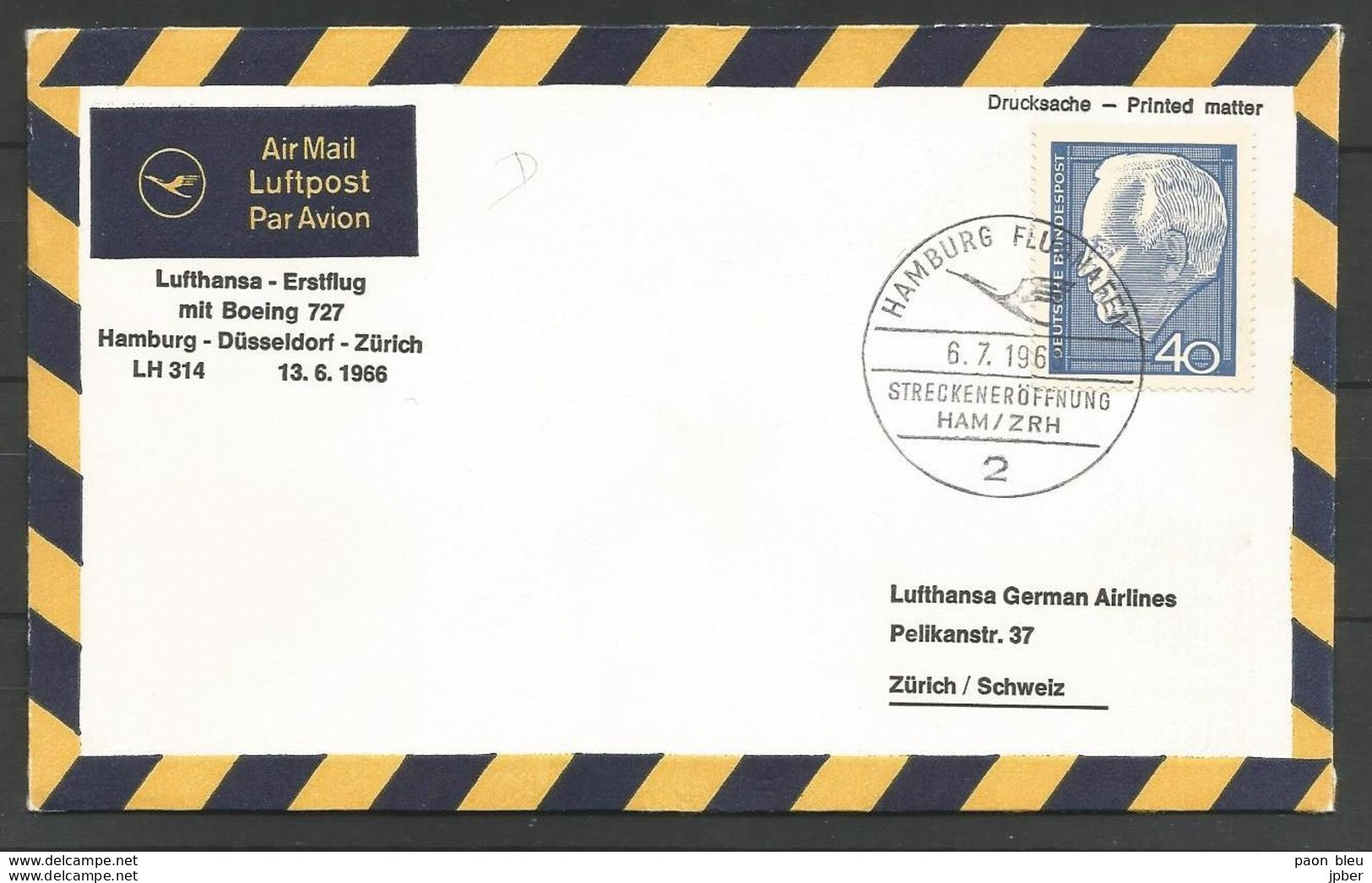 Aerophilatelie - Deutschland - Luftpost - 1966 - Erstflug Lufthansa LH314 Boeing727 Hamburg-Düsseldorf-Zürich - - Otros & Sin Clasificación