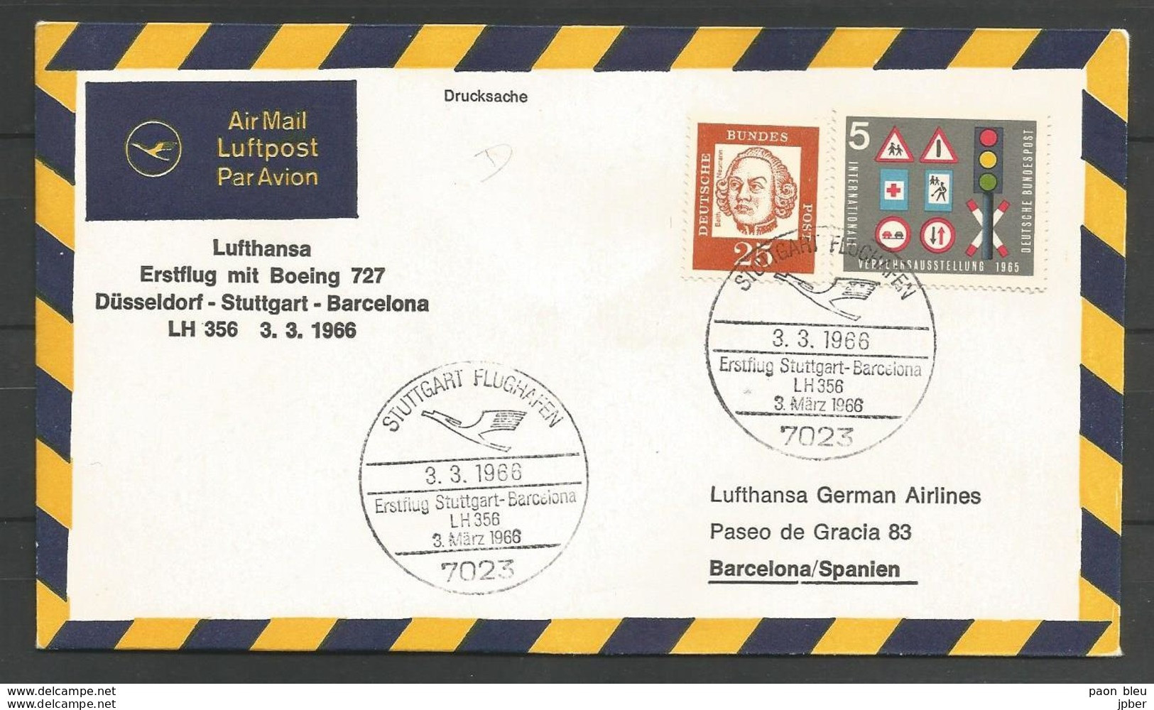 Aerophilatelie - Deutschland - Luftpost - 1966 - Lufthansa Boeing Düsseldorf-Stuttgart-Barcelona - Sécurité Routière - Andere & Zonder Classificatie