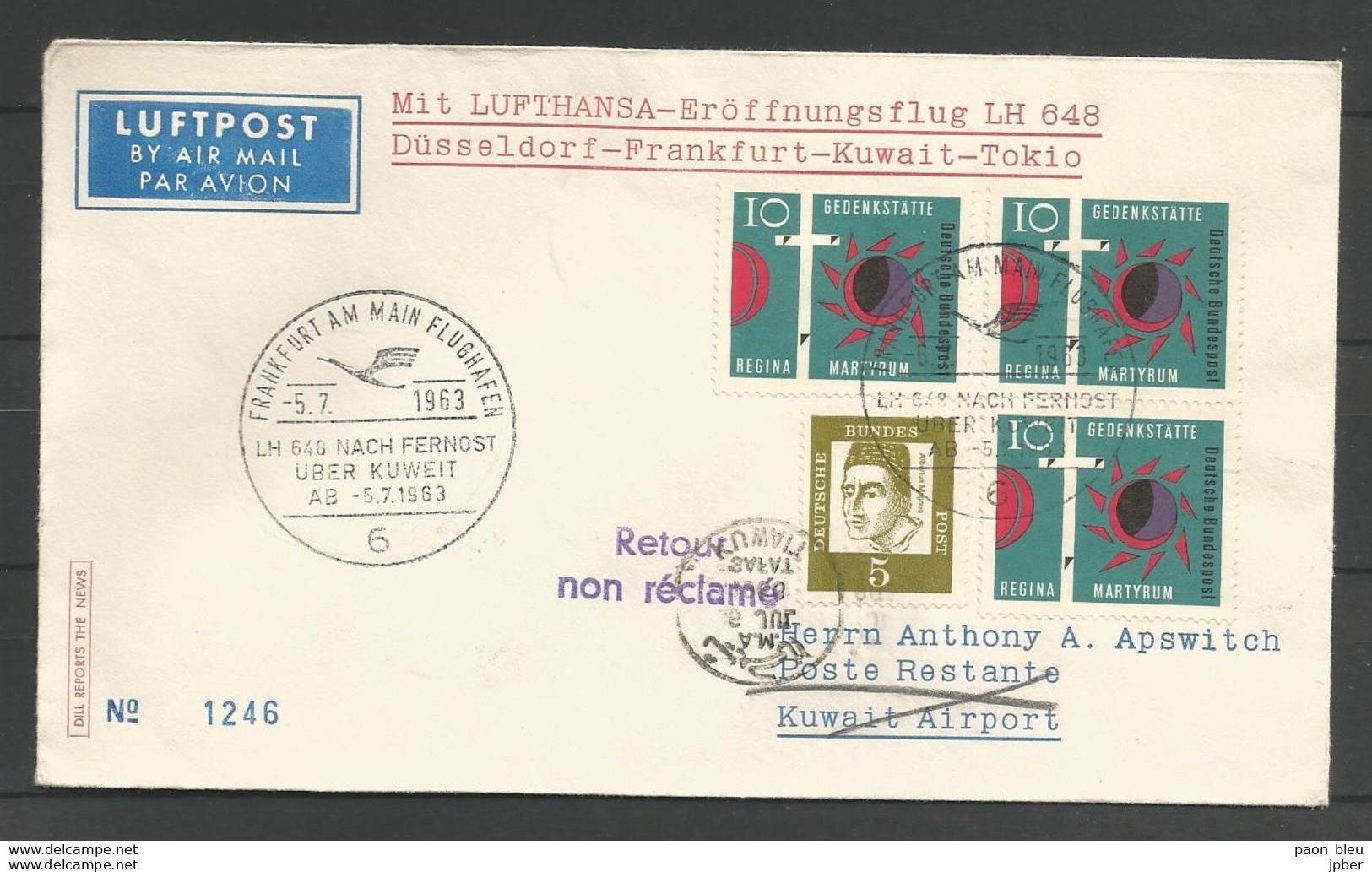 Aerophilatelie - Deutschland - Luftpost - 1963 - Erstflug Lufthansa LH648 Düsseldorf-Frankfurt-Kuweit-Tokyo - Sonstige & Ohne Zuordnung