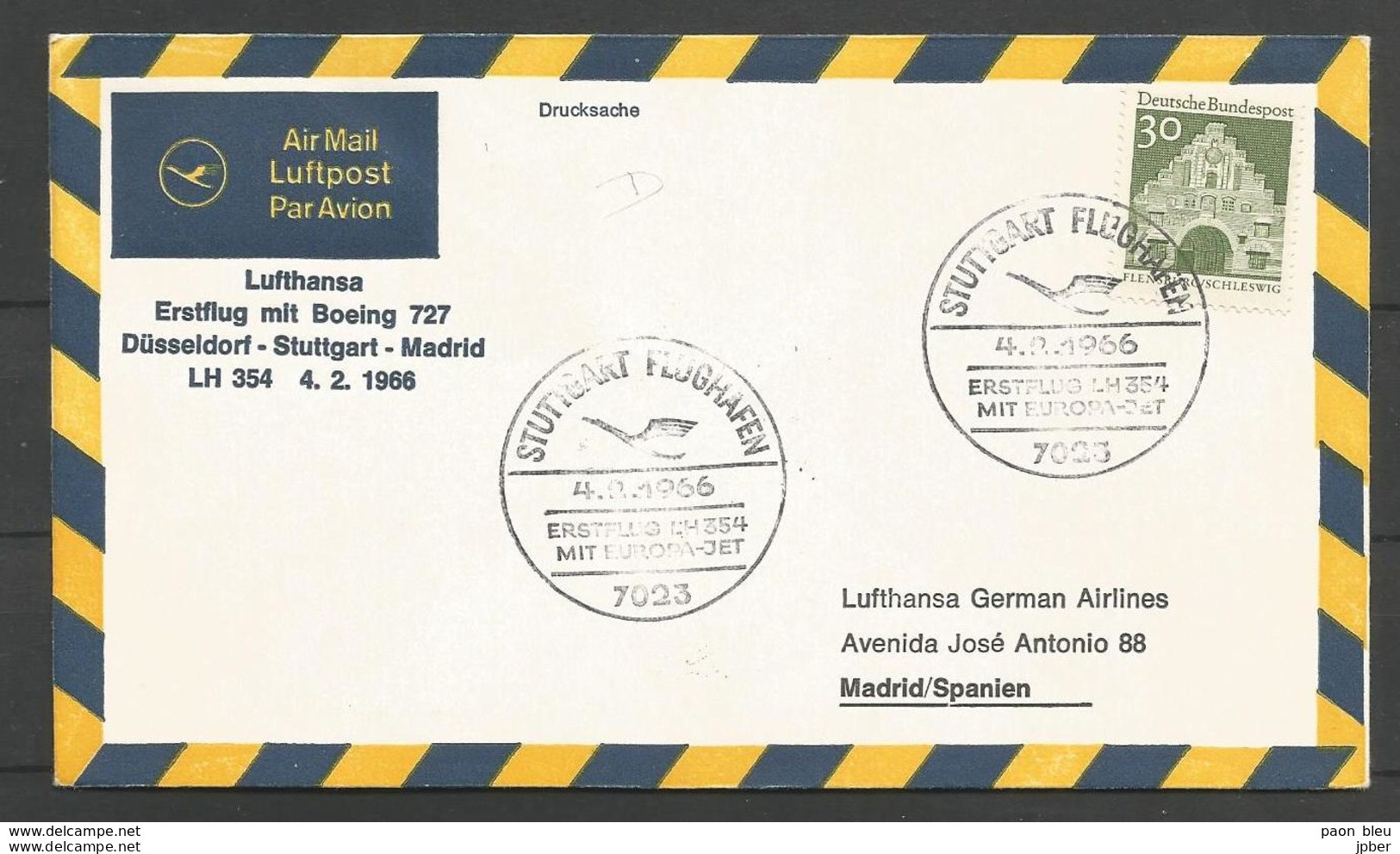 Aerophilatelie - Deutschland - Luftpost - 1966 - Erstflug Lufthansa LH354 Boeing727 Düsseldorf-Stuttgart-Madrid - Autres & Non Classés