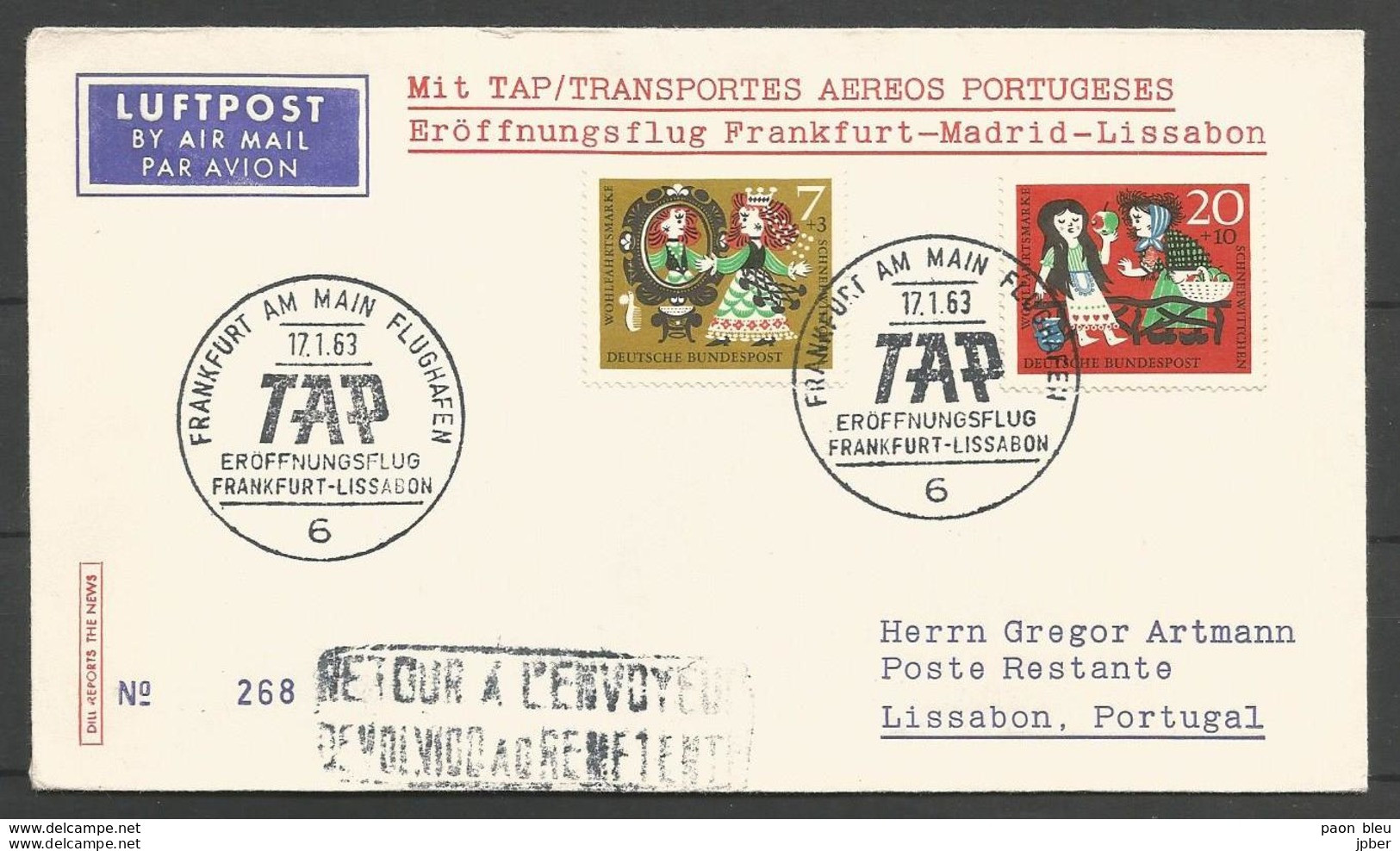 Aerophilatelie - Deutschland - Luftpost - 1963 - Erstflug TAP Frankfurt-Madrid-Lissabon - Blanche Neige Et Les 7 Nains - Sonstige & Ohne Zuordnung