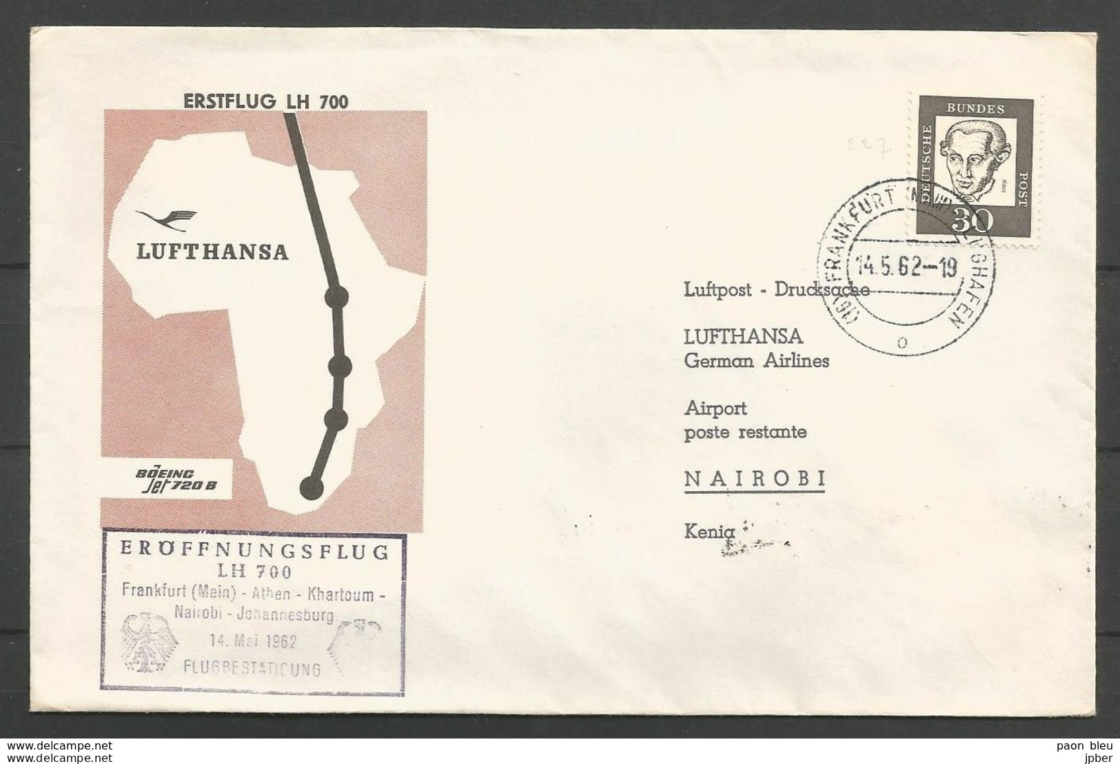 Aerophilatelie - Deutschland - Luftpost - 1962 - Erstflug Lufthansa LH700 Frankfurt-Athen-Khartoum- Nairobi-Johannesburg - Autres & Non Classés