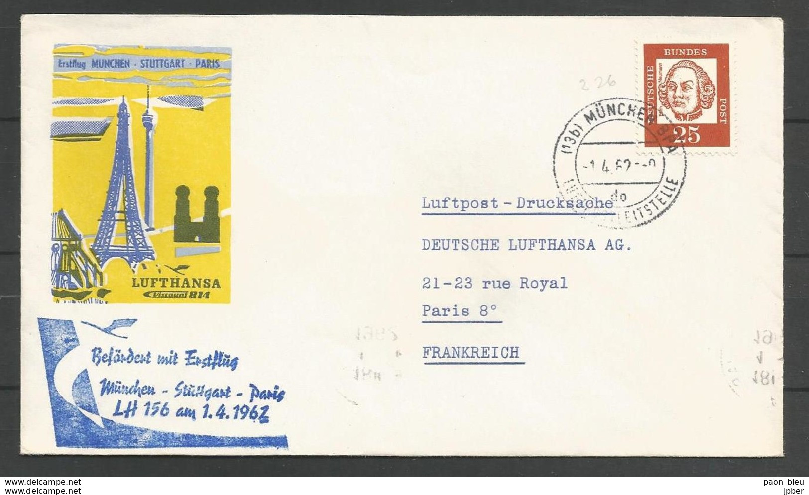 Aerophilatelie - Deutschland - Luftpost - 1962 - Erstflug Lufthansa LH156 München-Stuttgart-Paris - Viscount 814 - Sonstige & Ohne Zuordnung