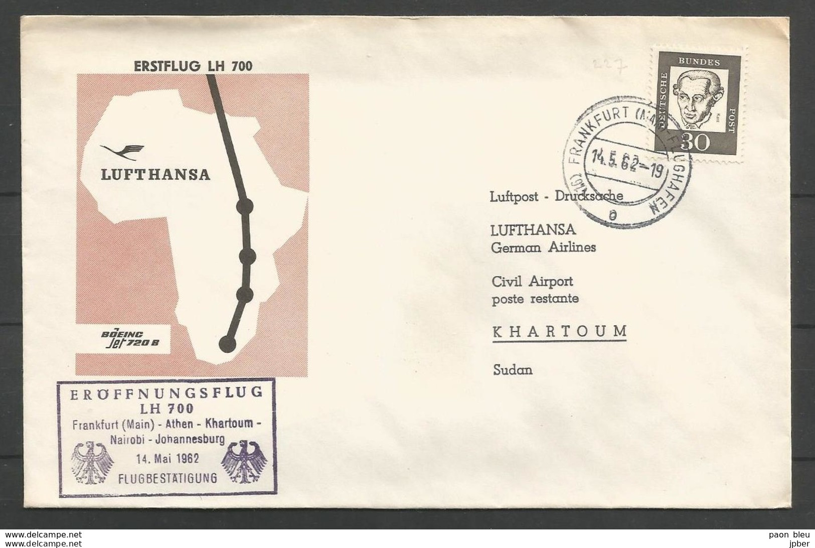 Aerophilatelie - Deutschland - Luftpost - 1962 - Erstflug Lufthansa LH700 Frankfurt-Athen-Khartoum-Nairobi-Johannesburg - Autres & Non Classés