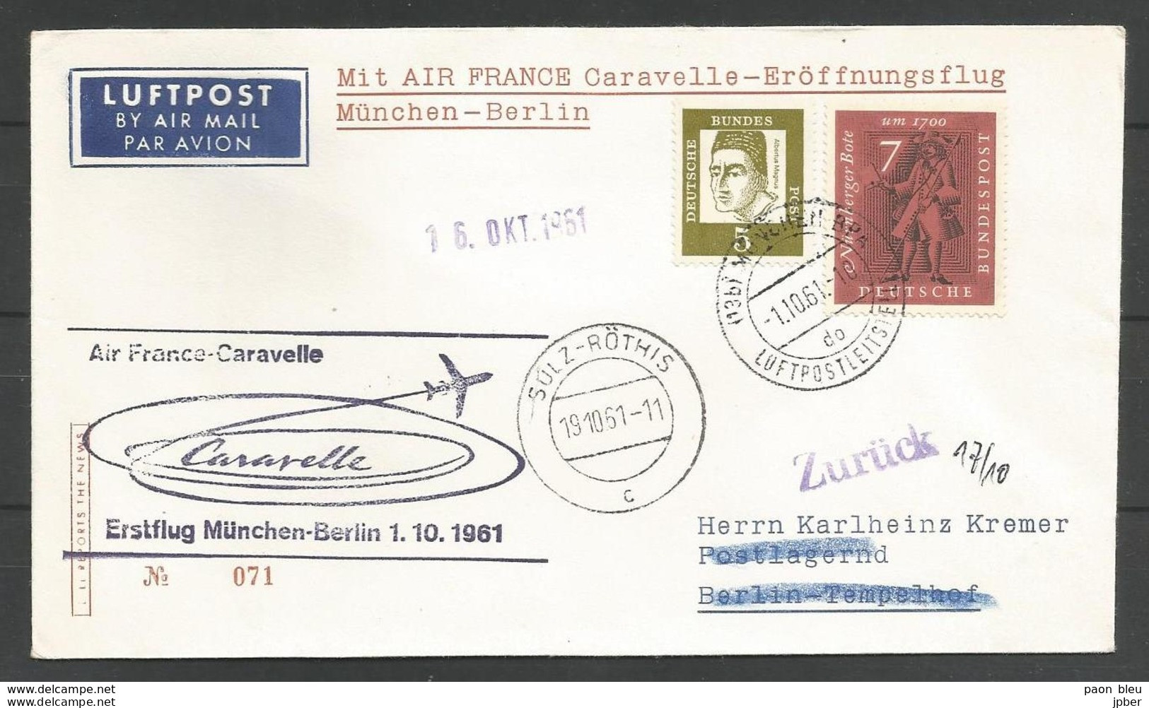 Aerophilatelie - Deutschland - Luftpost - 1961 - Erstflug Air France Caravelle München-Berlin - Facteur - Sonstige & Ohne Zuordnung