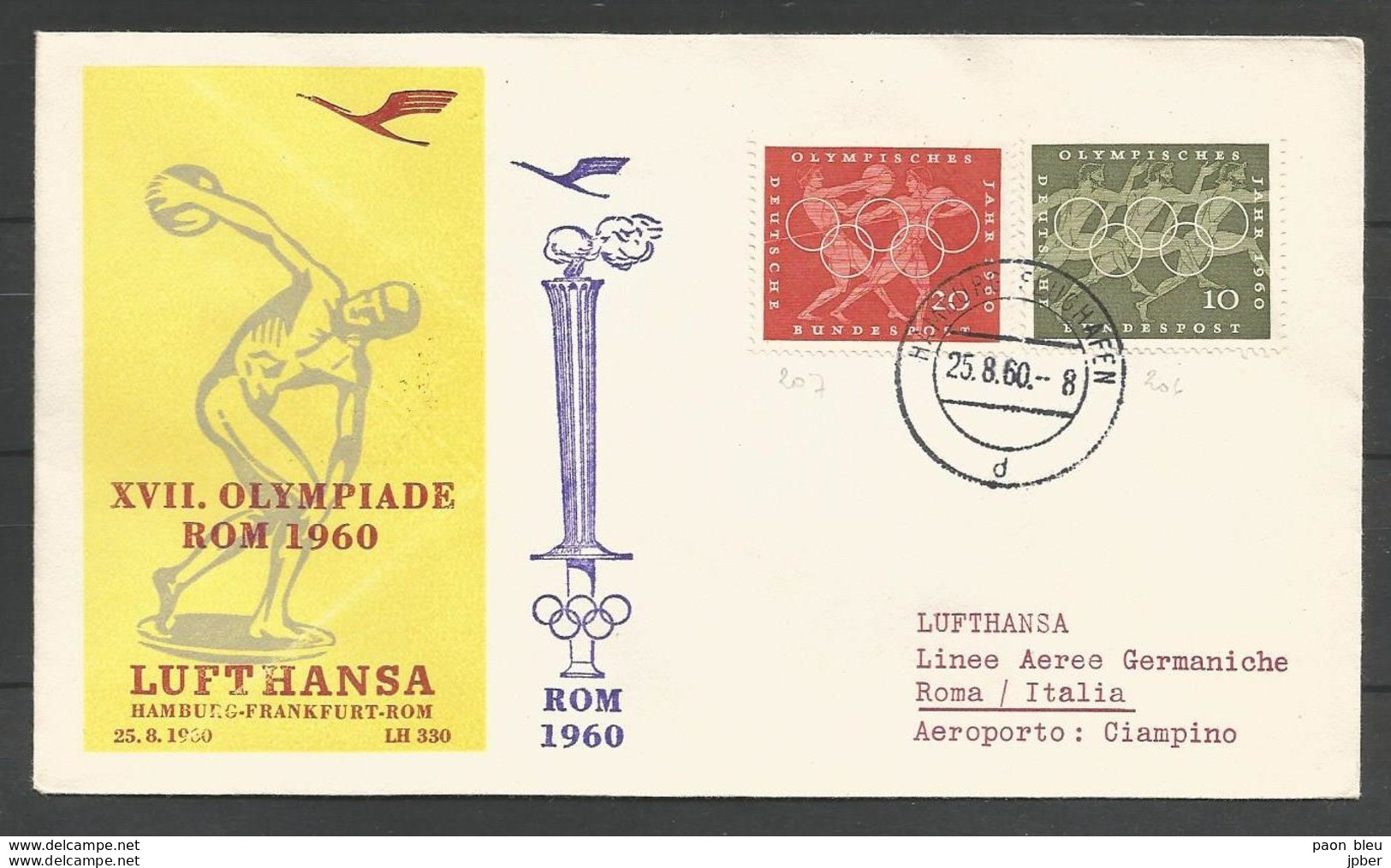 Aerophilatelie - Deutschland - Luftpost - 1960 - Lufthansa Hamburg-Frankfurt-Rom - Olympiade - Olympisches Jahr - Sonstige & Ohne Zuordnung