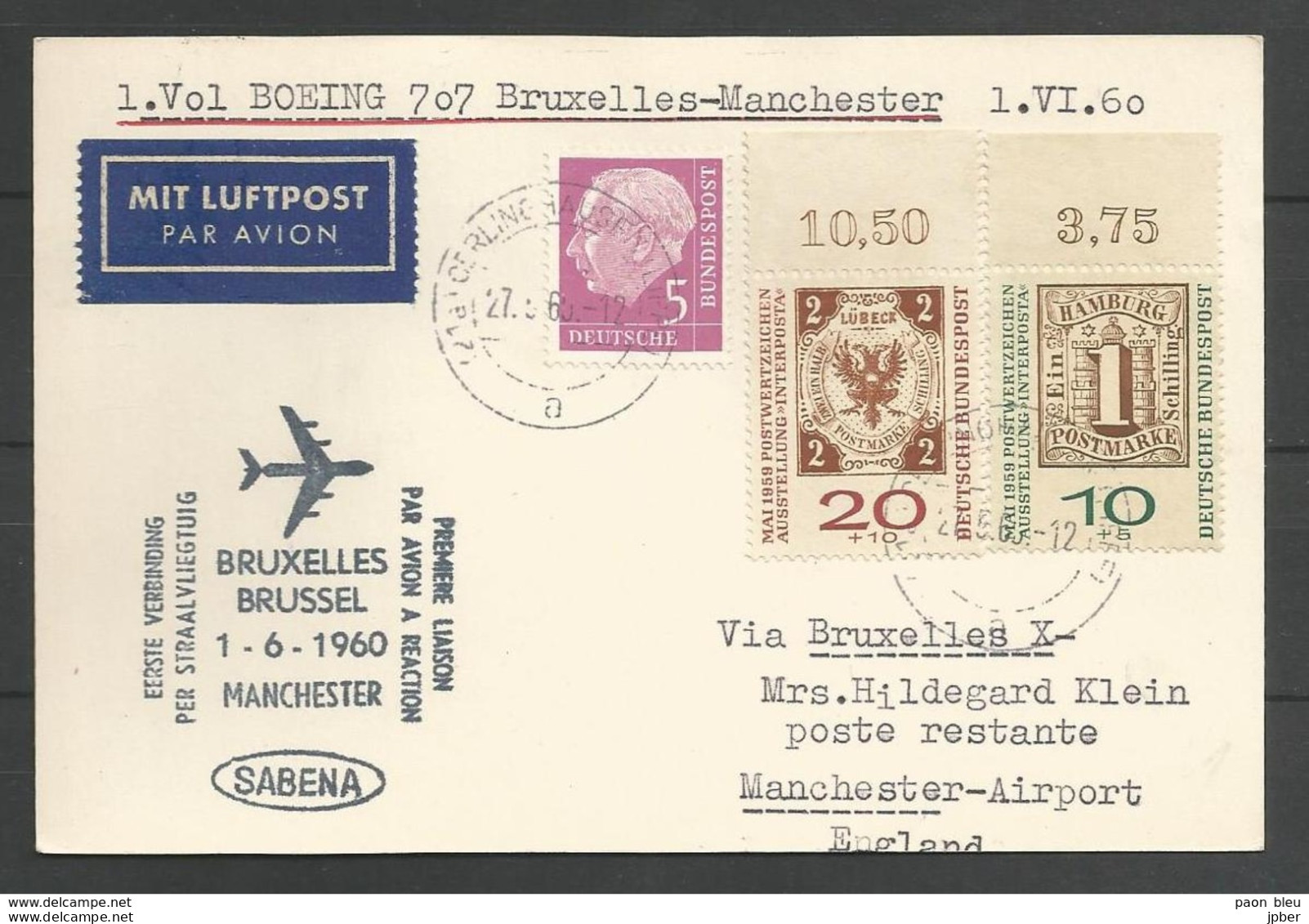 Aerophilatelie - Deutschland - Luftpost - 1960 - Erstflug Sabena Boeing 707 Bruxelles-Manchester - Timbre Sur Timbre - Autres & Non Classés