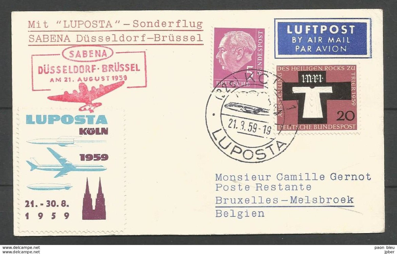 Aerophilatelie - Deutschland - Luftpost - 1959 - Köln Luposta - Sonderflug Sabena Düsseldorf-Brüssel - Heiligen Rocks - Airmail