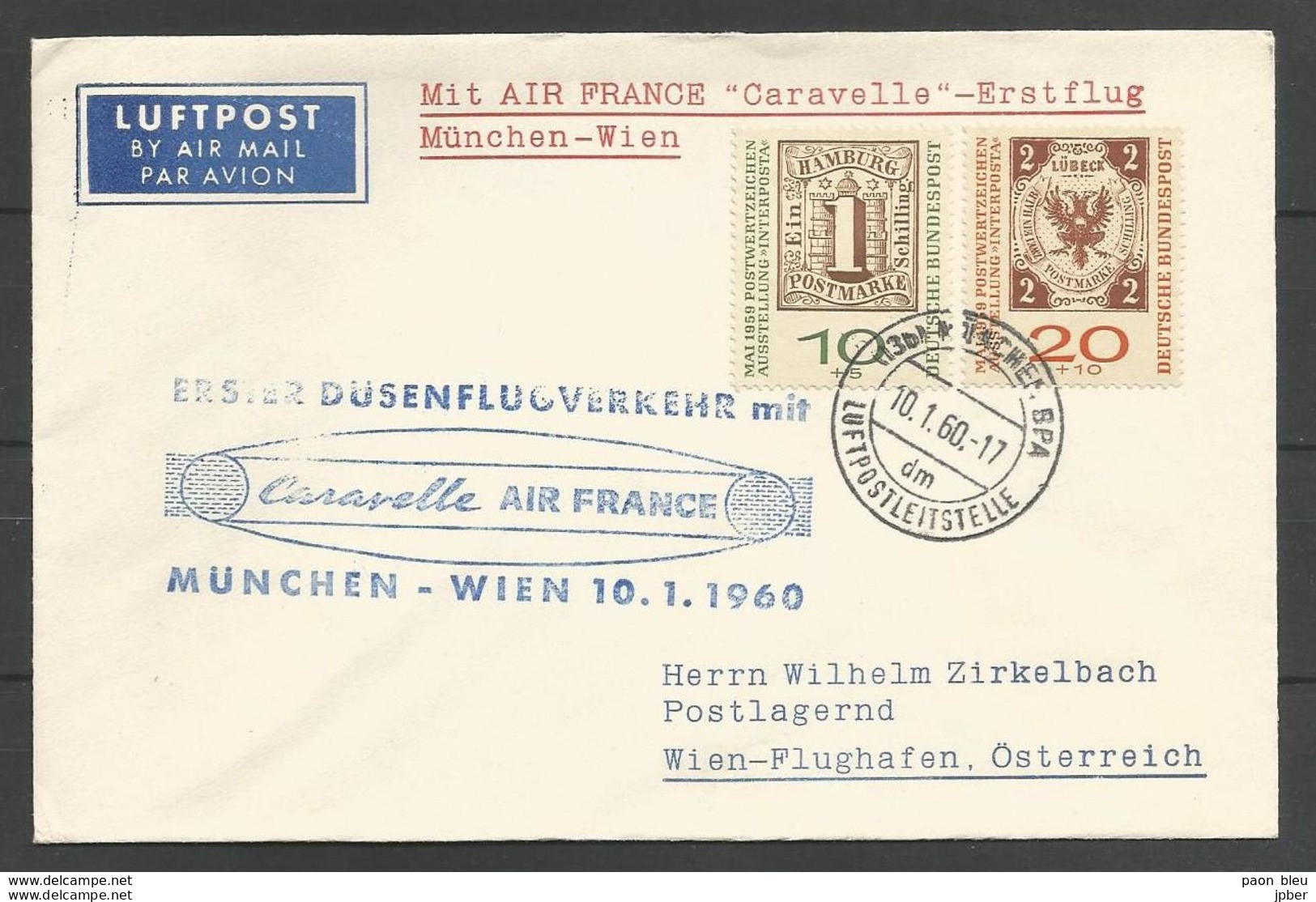 Aerophilatelie - Deutschland - Luftpost - 1960 - Erstflug Air France Caravelle München-Wien - Timbre Sur Timbre - Poste Aérienne