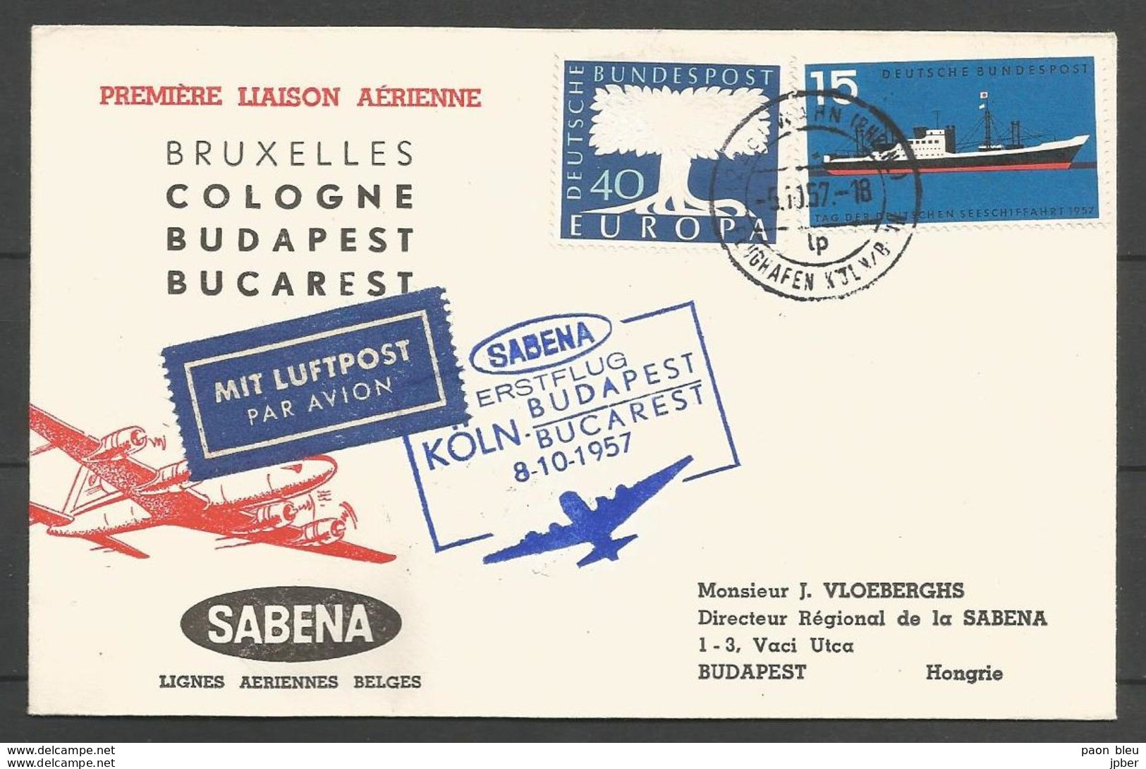 Aerophilatelie - Deutschland - Luftpost - 1957 - Wahn Flughafen - Erstflug Sabena Köln-Budapest-Bucarest - Europa - Autres & Non Classés