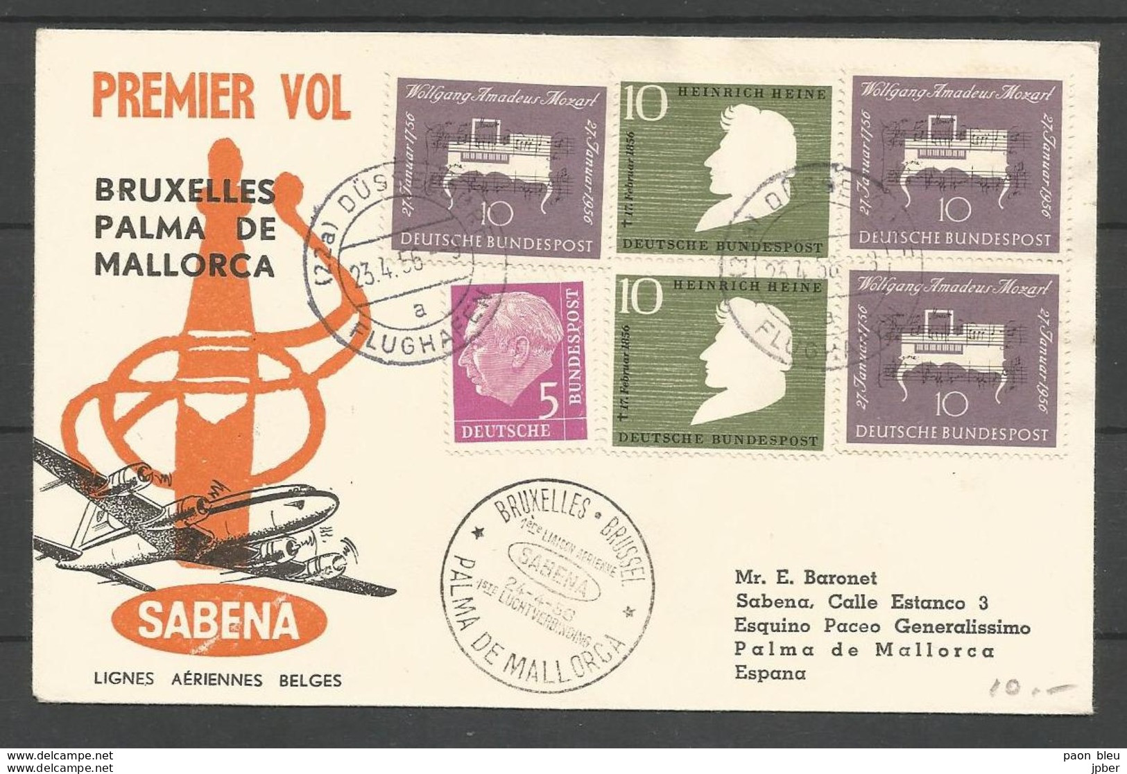 Aerophilatelie - Deutschland - Luftpost - 1956 - Düsseldorf Flughafen - Sabena Bruxelles-Palma De Mallorca - Mozart - Sonstige & Ohne Zuordnung