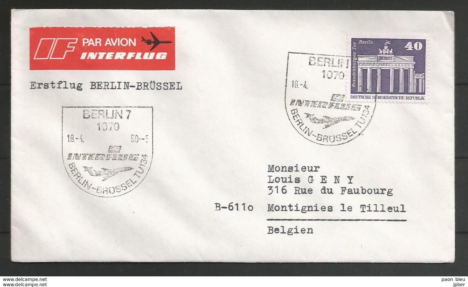 Aérophilatélie - DDR - Lettre 1980 - Luftpost - Interflug TU134 Berlin-Brüssel - Porte De Brandenbourg - Storia Postale