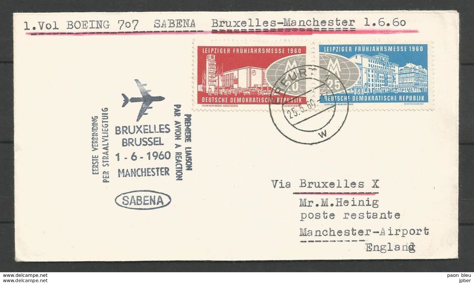 Aérophilatélie - DDR - Lettre 1960 - Erfurt Luftpost - Sabena Bruxelles-Manchester - Boeing - LeipzigerMesse - Autres & Non Classés