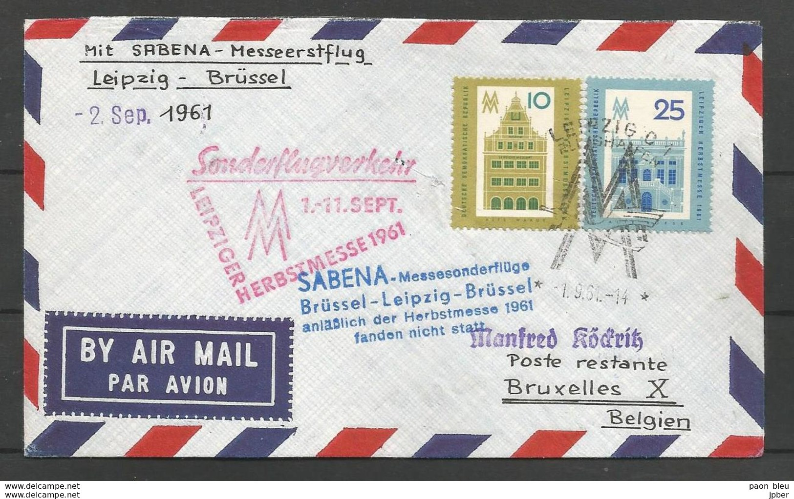 Aérophilatélie - DDR - Lettre 1961 - Luftpost - Sabena - Leipzig-Brüssel - Alte Waage - Alte Börse - Autres & Non Classés