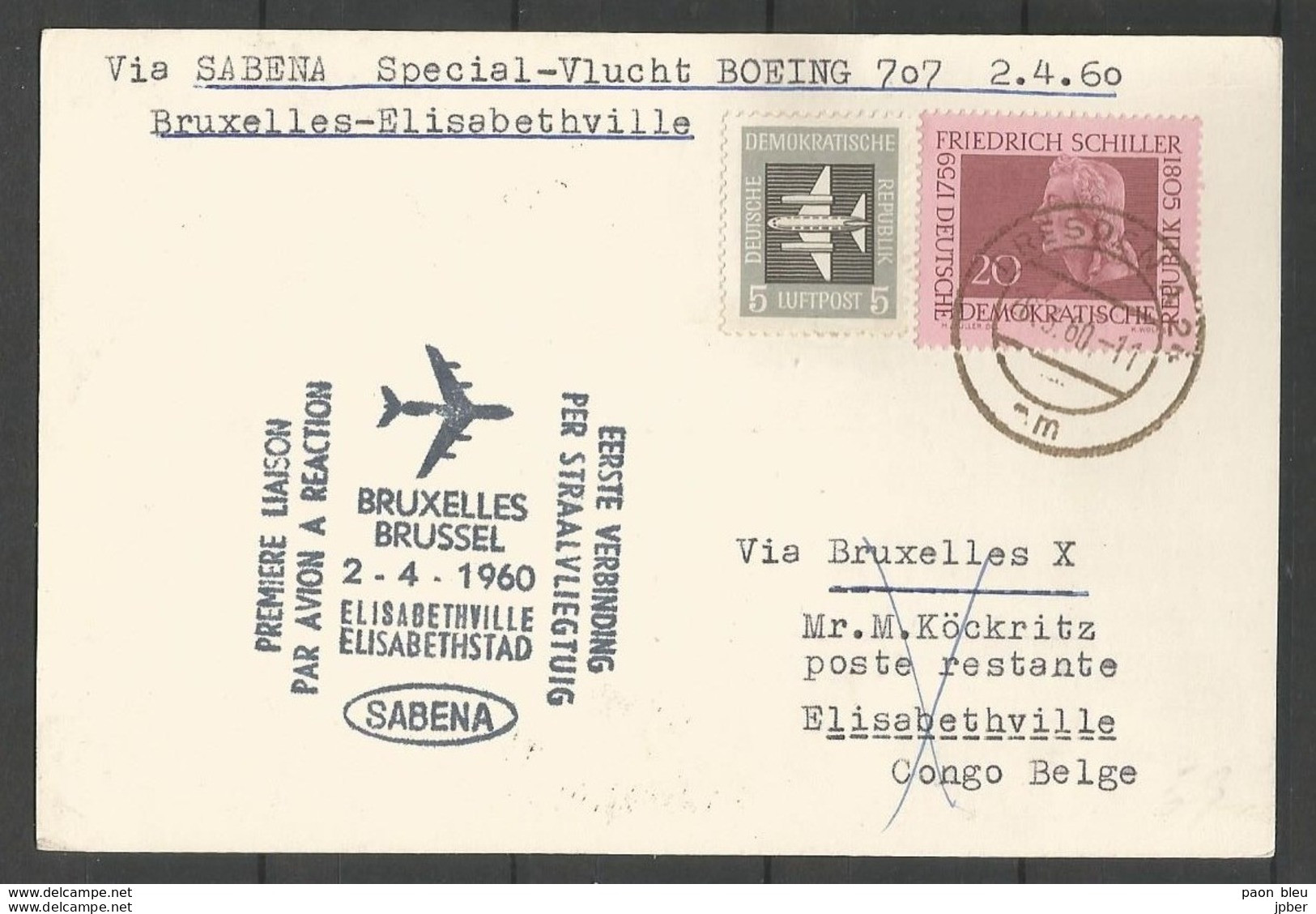 Aérophilatélie - DDR - Carte 1960 - Dresden Luftpost - Sabena Bruxelles-Elisabethville - Boeing - F.Schiller - Autres & Non Classés