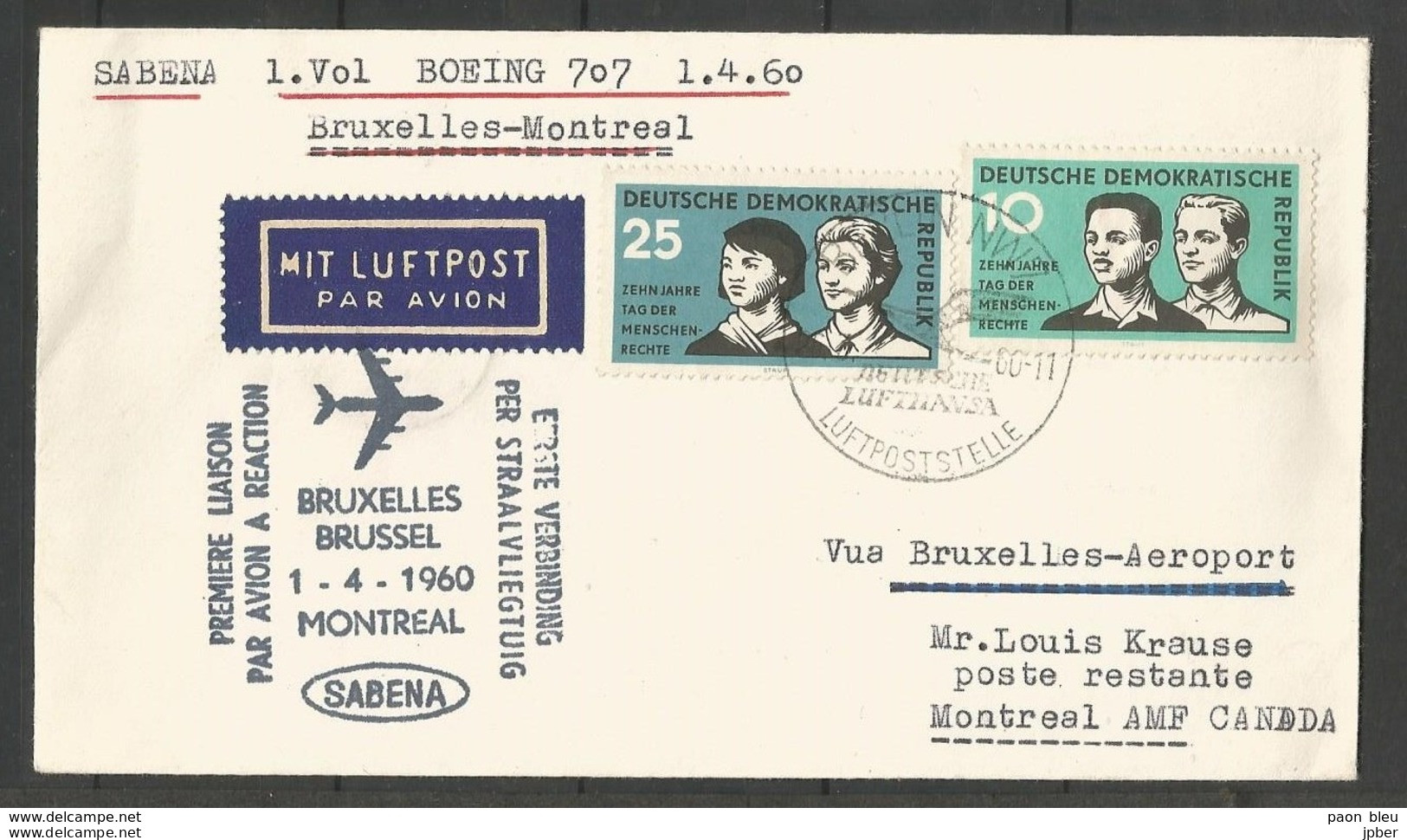 Aérophilatélie - DDR - Lettre 1960 - Berlin Luftpost - Sabena Bruxelles-Montreal - Boeing - Convention Droits De L'Homme - Otros & Sin Clasificación