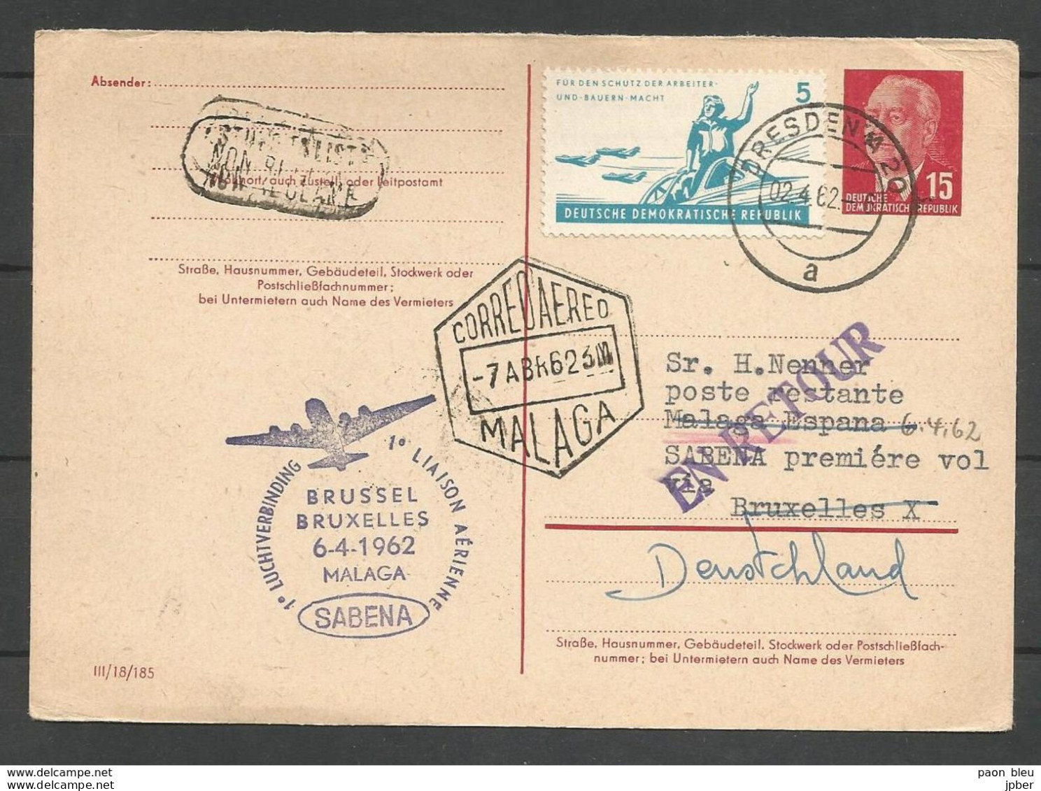 Aérophilatélie - DDR - Carte 1962 - Luftpost - Dresden - Vol Sabena Bruxelles-Malaga - Covers & Documents