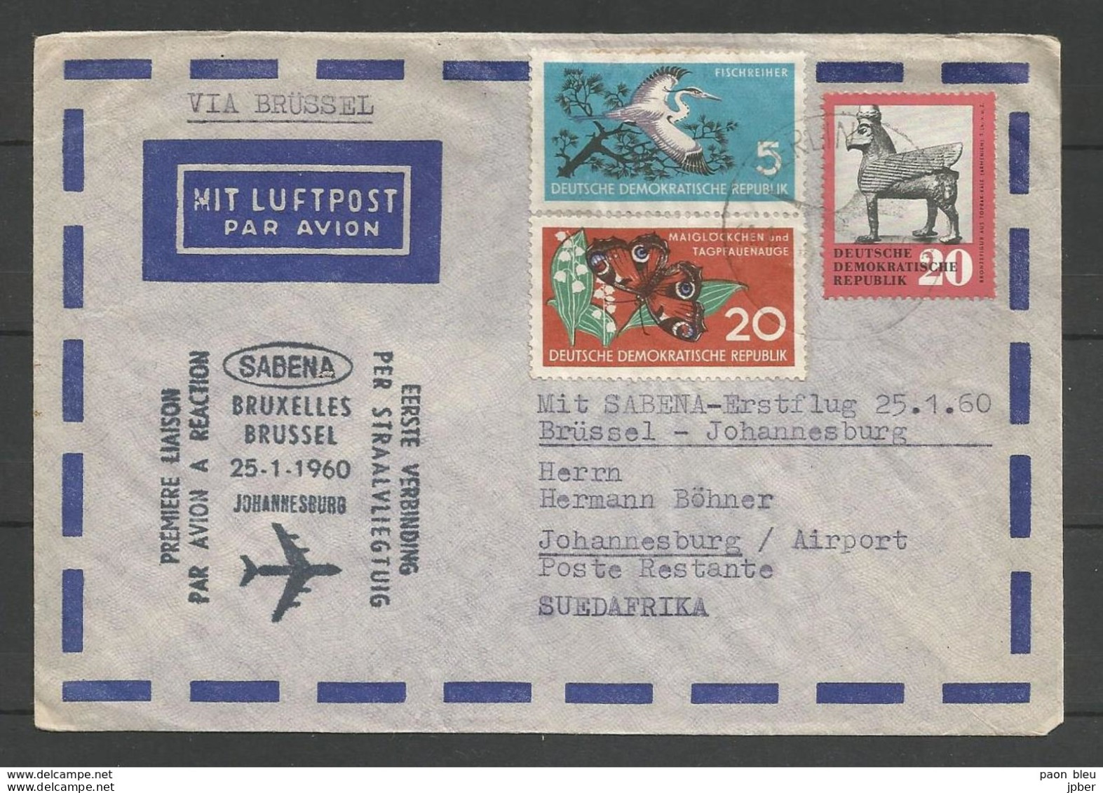 Aérophilatélie - DDR - Lettre 1960 - Berlin Luftpost - Sabena Bruxelles-Johannesburg - Boeing - Muguet - Héron - Arménie - Autres & Non Classés