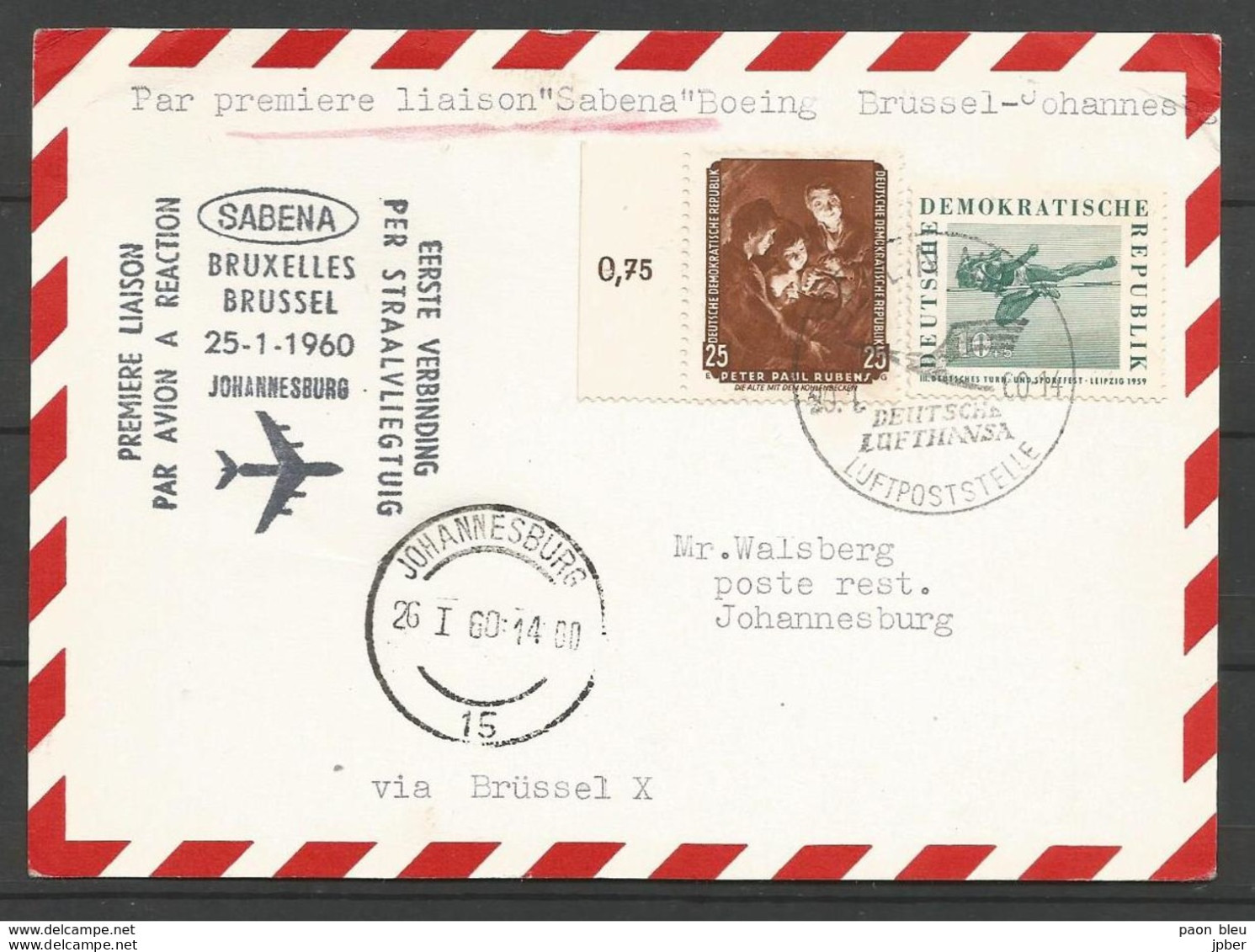Aérophilatélie - DDR - Carte 1960 - Berlin Luftpost - Sabena Bruxelles-Johannesburg - Boeing - Rubens - Saut En Hauteur - Other & Unclassified