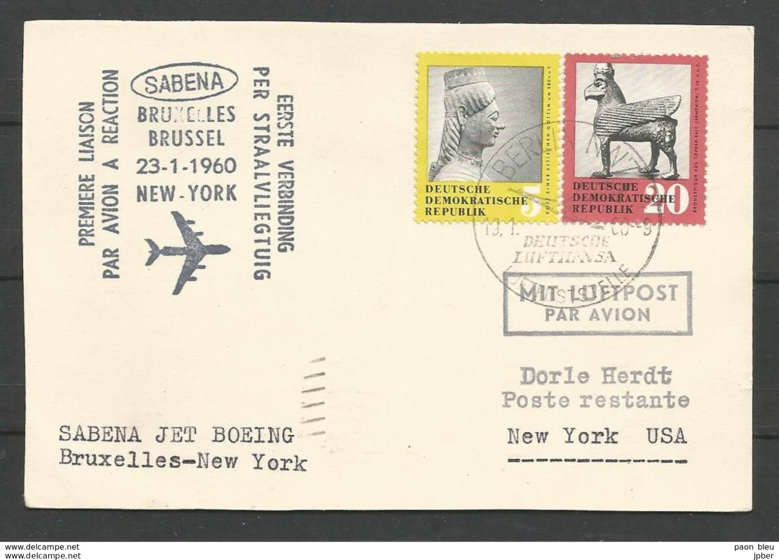 Aérophilatélie - DDR - Carte 1960 - Berlin Luftpost - Sabena Bruxelles-New York - Boeing 707 - Antiquités Grèce Arménie - Autres & Non Classés
