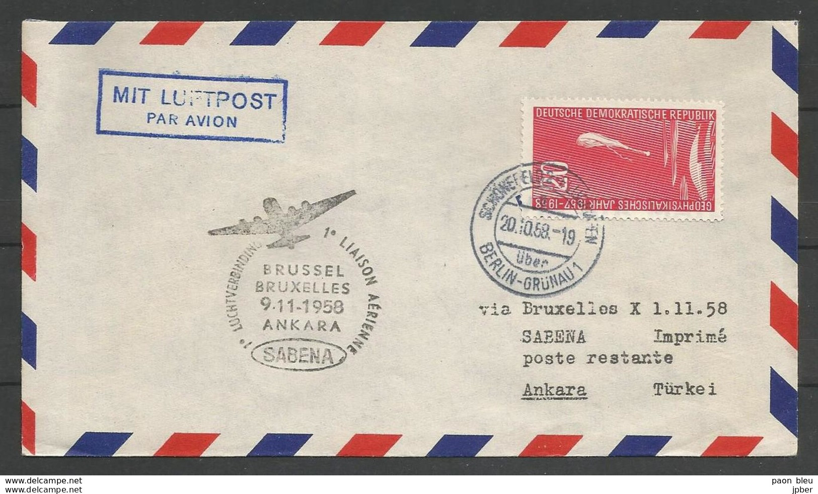 Aérophilatélie - DDR - Lettre 1958 - Berlin Luftpost - Sabena Bruxelles-Ankara - Ballon Stratosphère - Autres & Non Classés