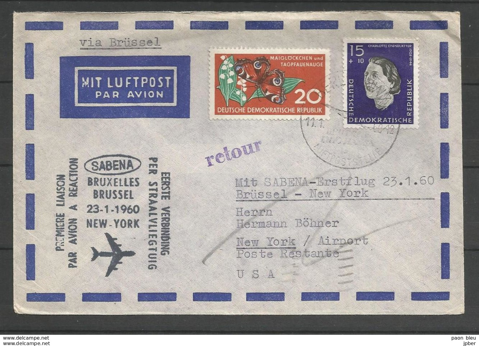 Aérophilatélie - DDR - Lettre 1960 - Berlin Luftpost - Sabena Bruxelles-New York - Muguet - C.Eisenblatter - Altri & Non Classificati