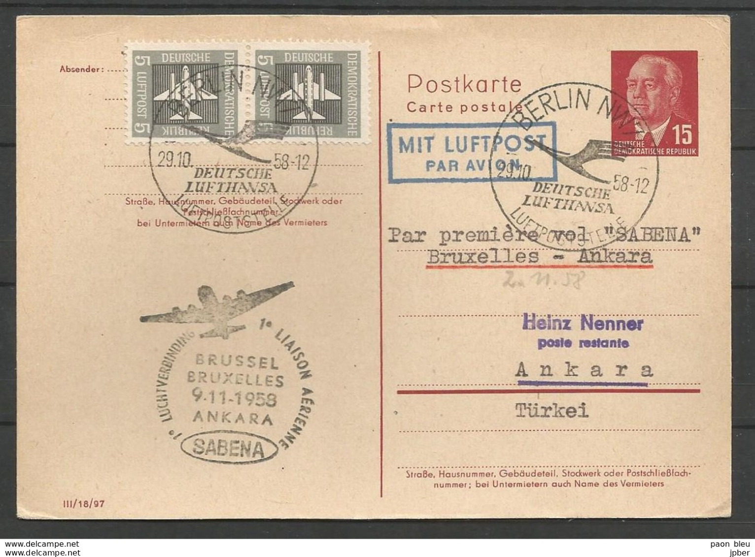 Aérophilatélie - DDR - Carte 1958 - Berlin Luftpost -Sabena Bruxelles-Ankara - Autres & Non Classés