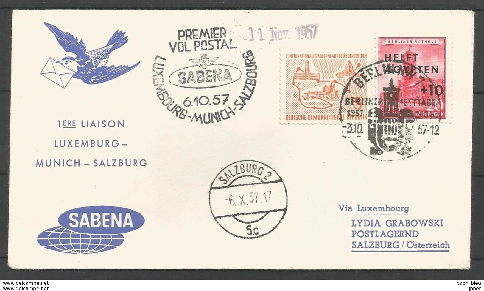 Aérophilatélie - DDR - Lettre 1957 - Luftpost Berlin - 1er Vol Sabena Luxembourg-Munich-Salzburg - Sonstige & Ohne Zuordnung