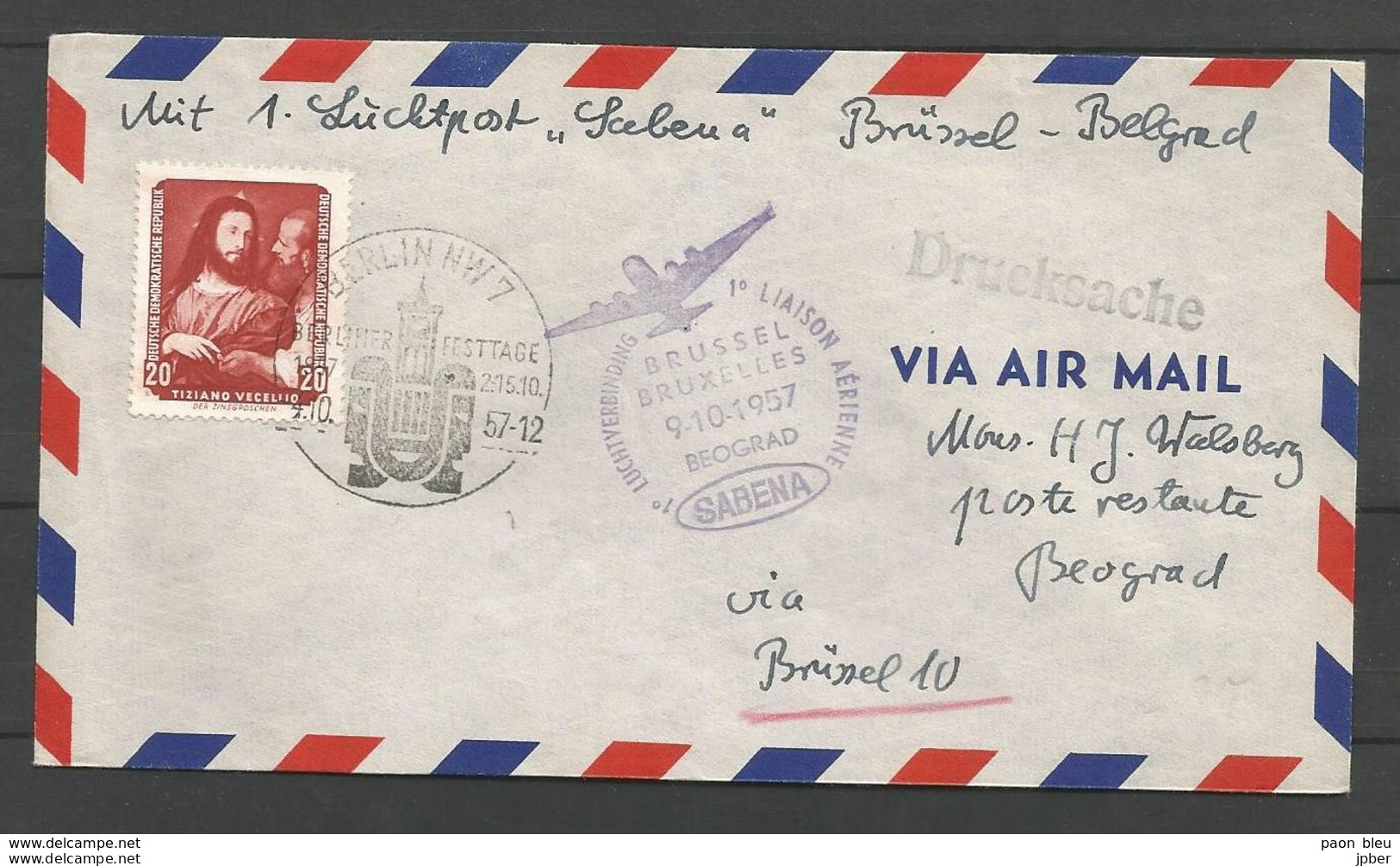 Aérophilatélie - DDR - Lettre 1957 - Luftpost Berlin - 1er Vol Sabena Bruxelles-Beograd - Tiziano Vecellio - Le Titien - Andere & Zonder Classificatie