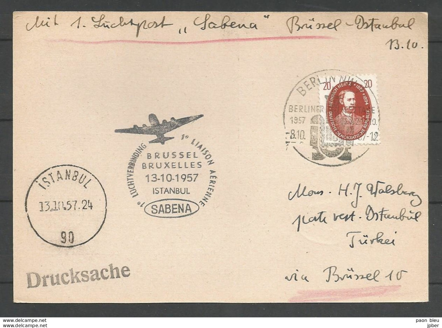 Aérophilatélie - DDR - Carte 1957 - Luftpost Berlin - 1er Vol Sabena Bruxelles-Istanbul - Heinrich Hertz - Autres & Non Classés