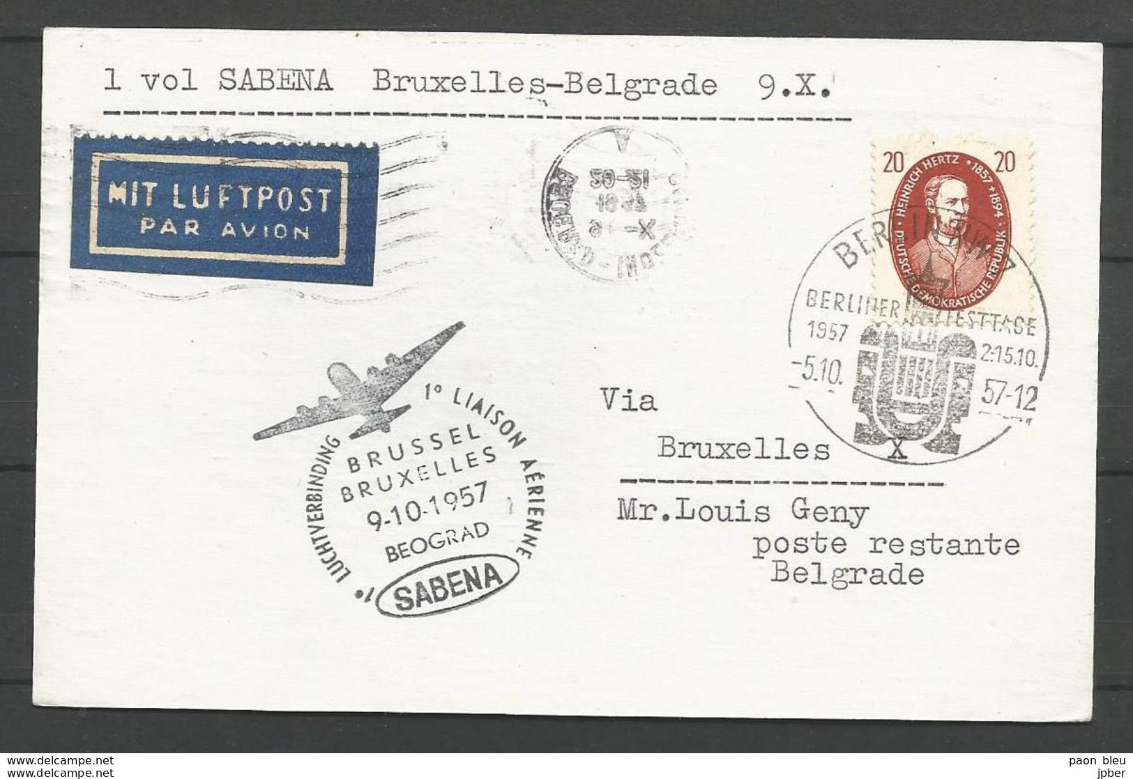 Aérophilatélie - DDR - Carte 1957 - Luftpost Berlin - 1er Vol Sabena Bruxelles-Beograd (Belgrade Yougoslavie) - Altri & Non Classificati