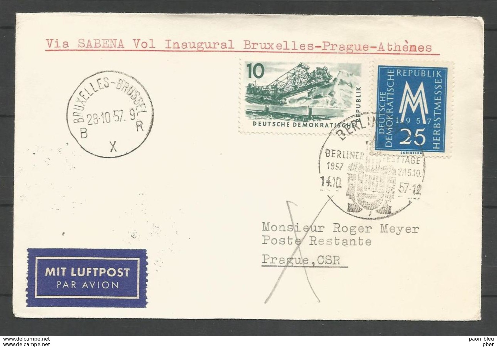 Aérophilatélie - DDR - Lettre 1957 - Luftpost Berlin - 1er Vol Sabena Bruxelles-Prague-Athènes - Herbstmesse - Autres & Non Classés