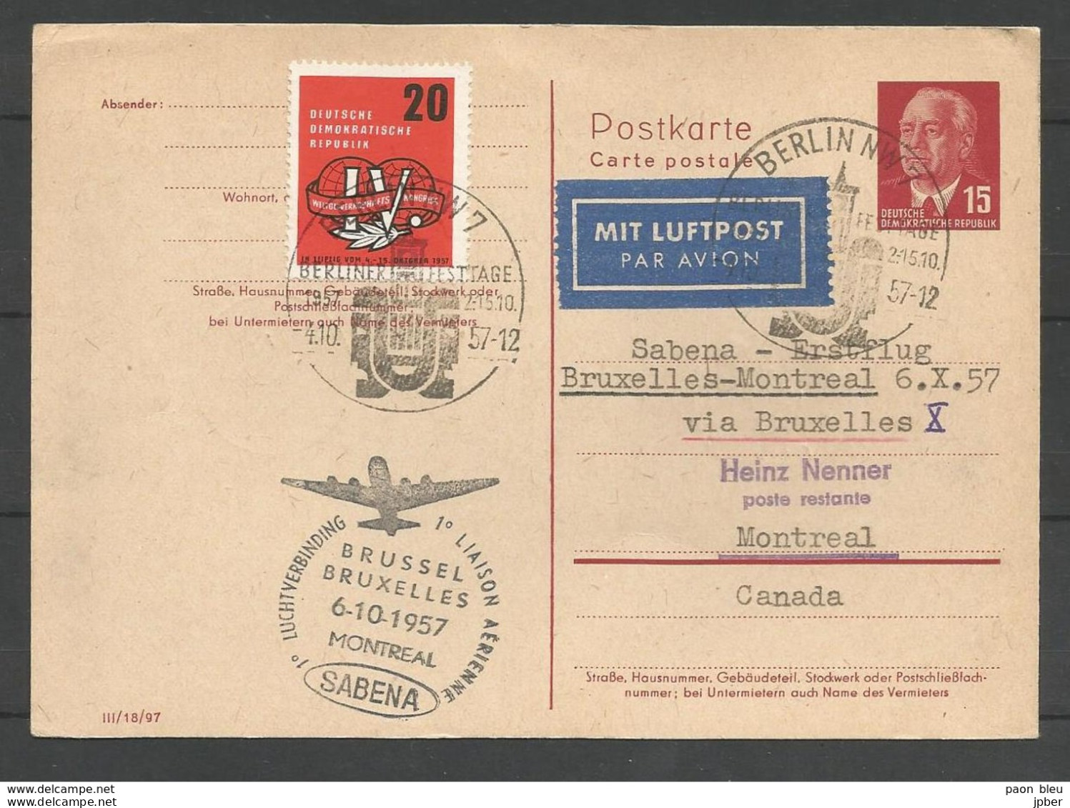 Aérophilatélie - DDR - Carte 1957 - Luftpost Berlin - 1er Vol Sabena Bruxelles-Montreal (Canada) - Altri & Non Classificati