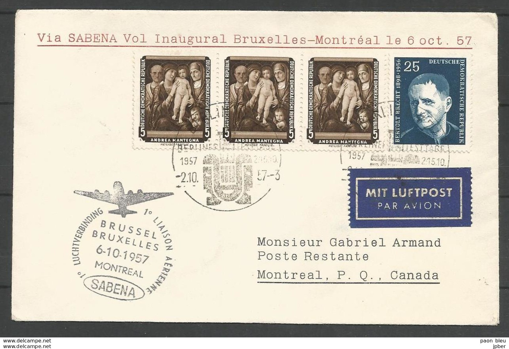 Aérophilatélie - DDR - Lettre 1957 - Luftpost Berlin - 1er Vol Bruxelles-Montreal (Canada) - Autres & Non Classés