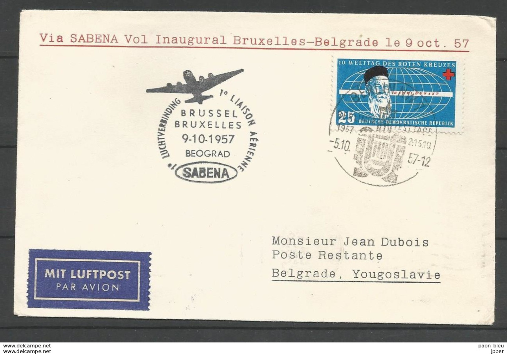 Aérophilatélie - DDR - Lettre 1957 - Luftpost Berlin - 1er Vol Sabena Bruxelles-Beograd - Croix-Rouge Henri Dunant - Autres & Non Classés