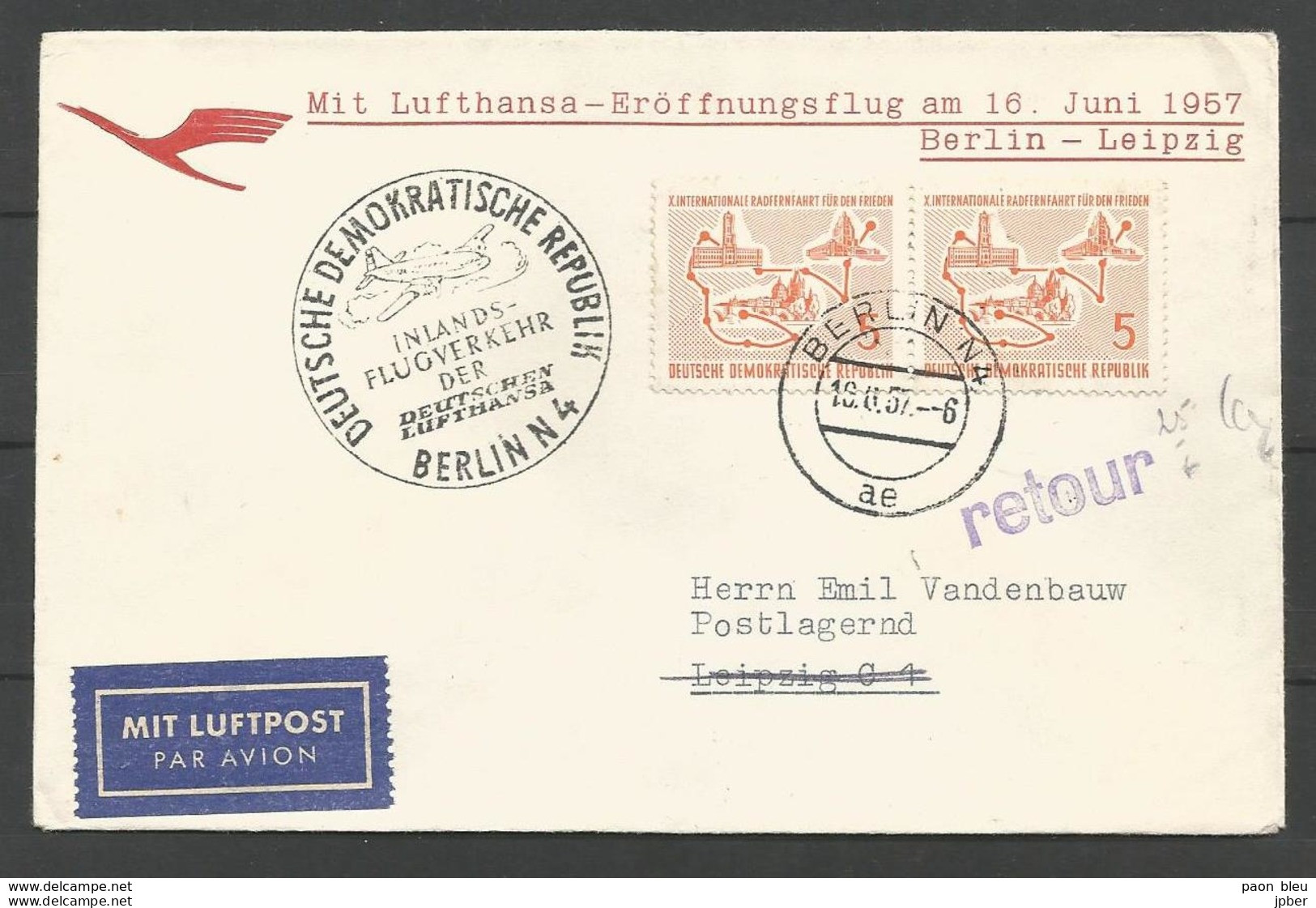 Aérophilatélie - DDR - Lettre 1957 - Luftpost - Berlin-Leipzig - Deutsche Lufthansa - Sonstige & Ohne Zuordnung