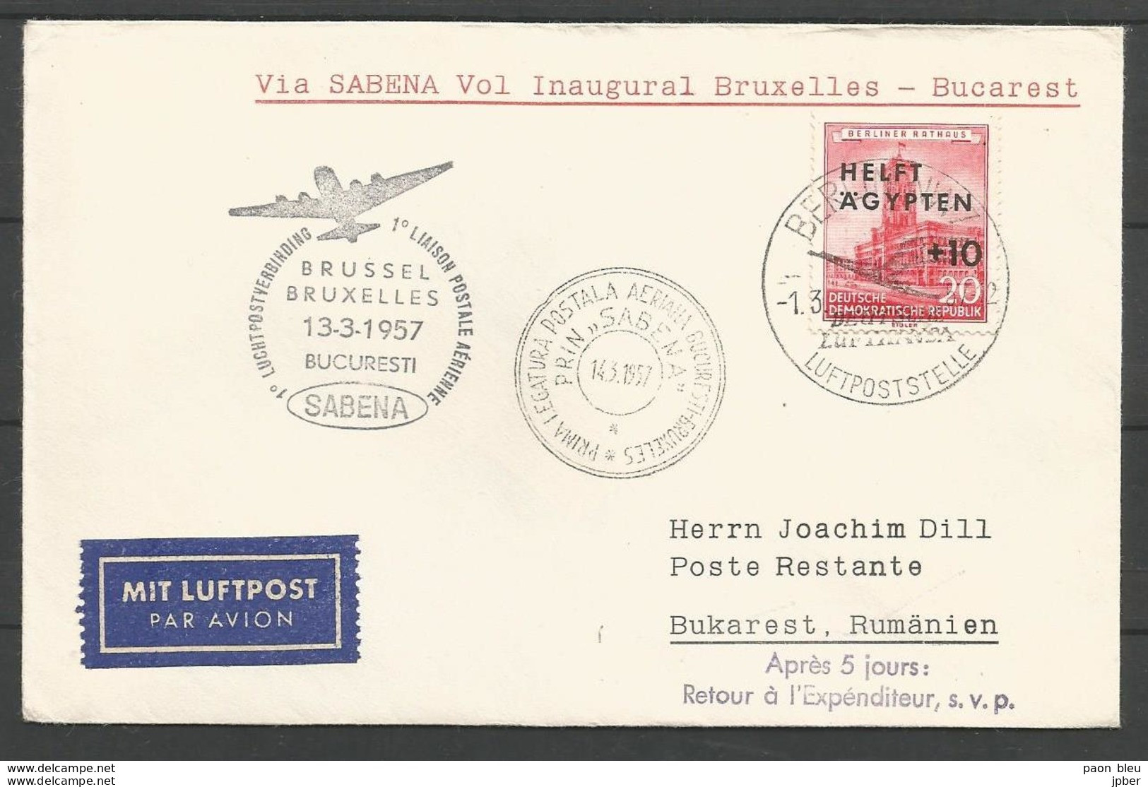 Aérophilatélie - DDR - Lettre 1957 - Luftpost Berlin Lufthansa - Sabena 1ère Liaison Bruxelles-Bucaresti - Andere & Zonder Classificatie