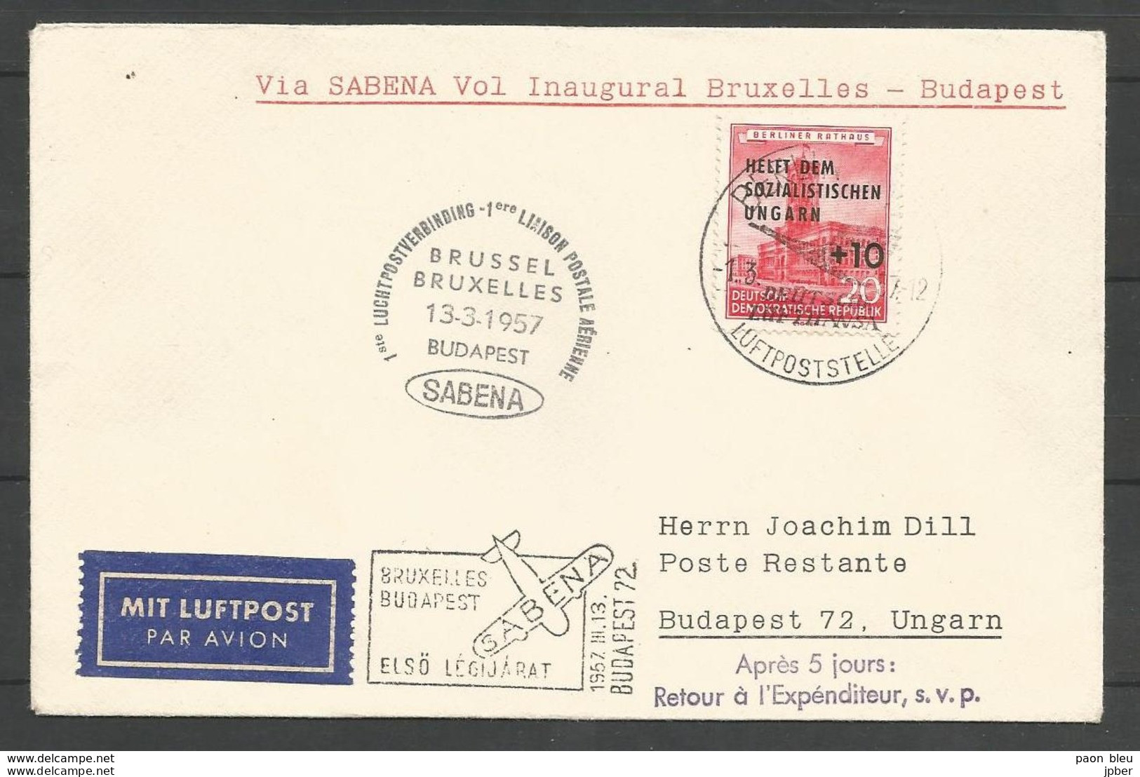 Aérophilatélie - DDR - Lettre 1957 - Luftpost Berlin Lufthansa - Sabena 1ère Liaison Bruxelles-Budapest - Sonstige & Ohne Zuordnung