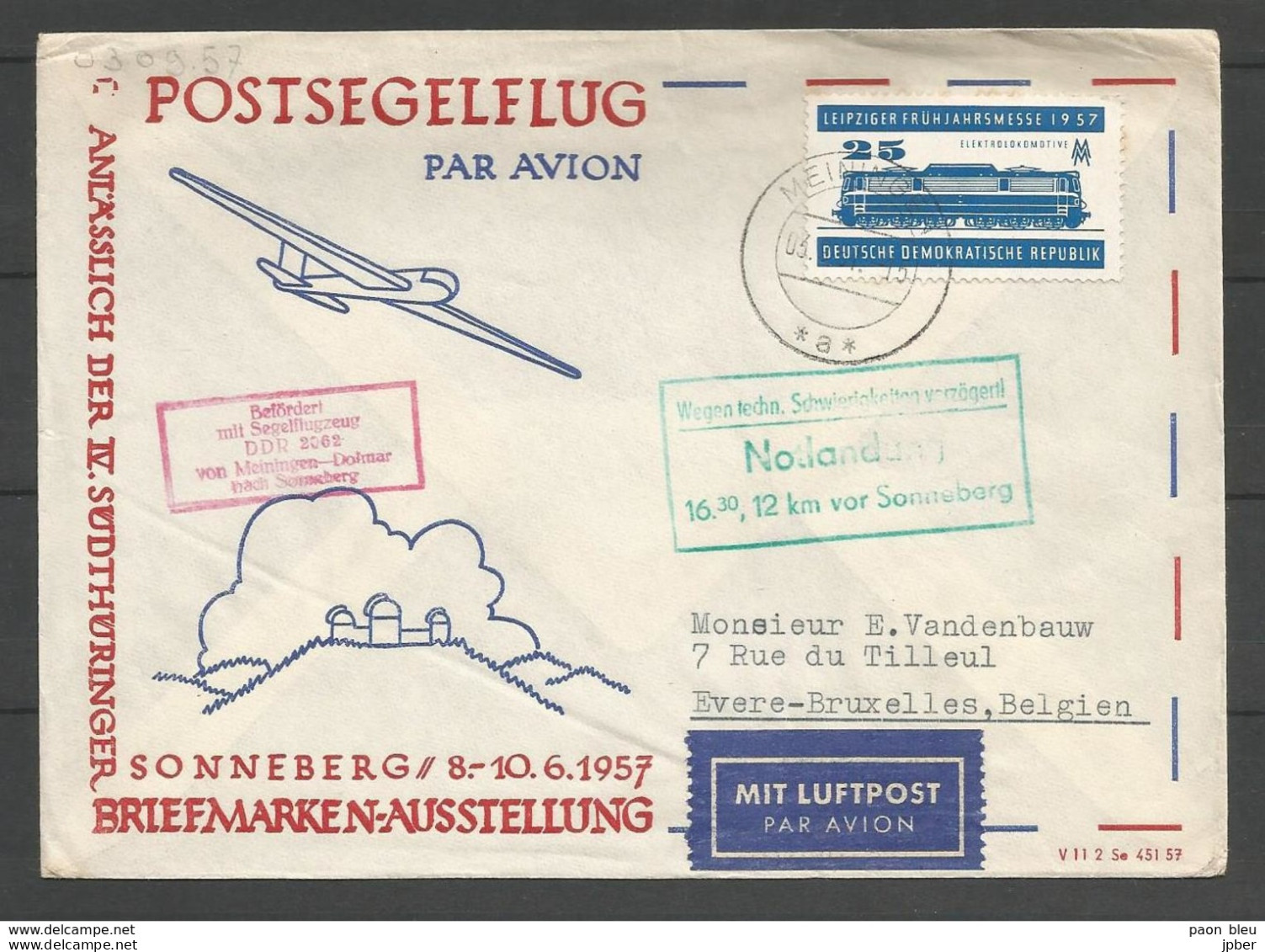 Aérophilatélie - DDR - Lettre 1957 - Segelflugzeug - Planeur - Meiningen-Dolmar - Incident Technique - - Autres & Non Classés