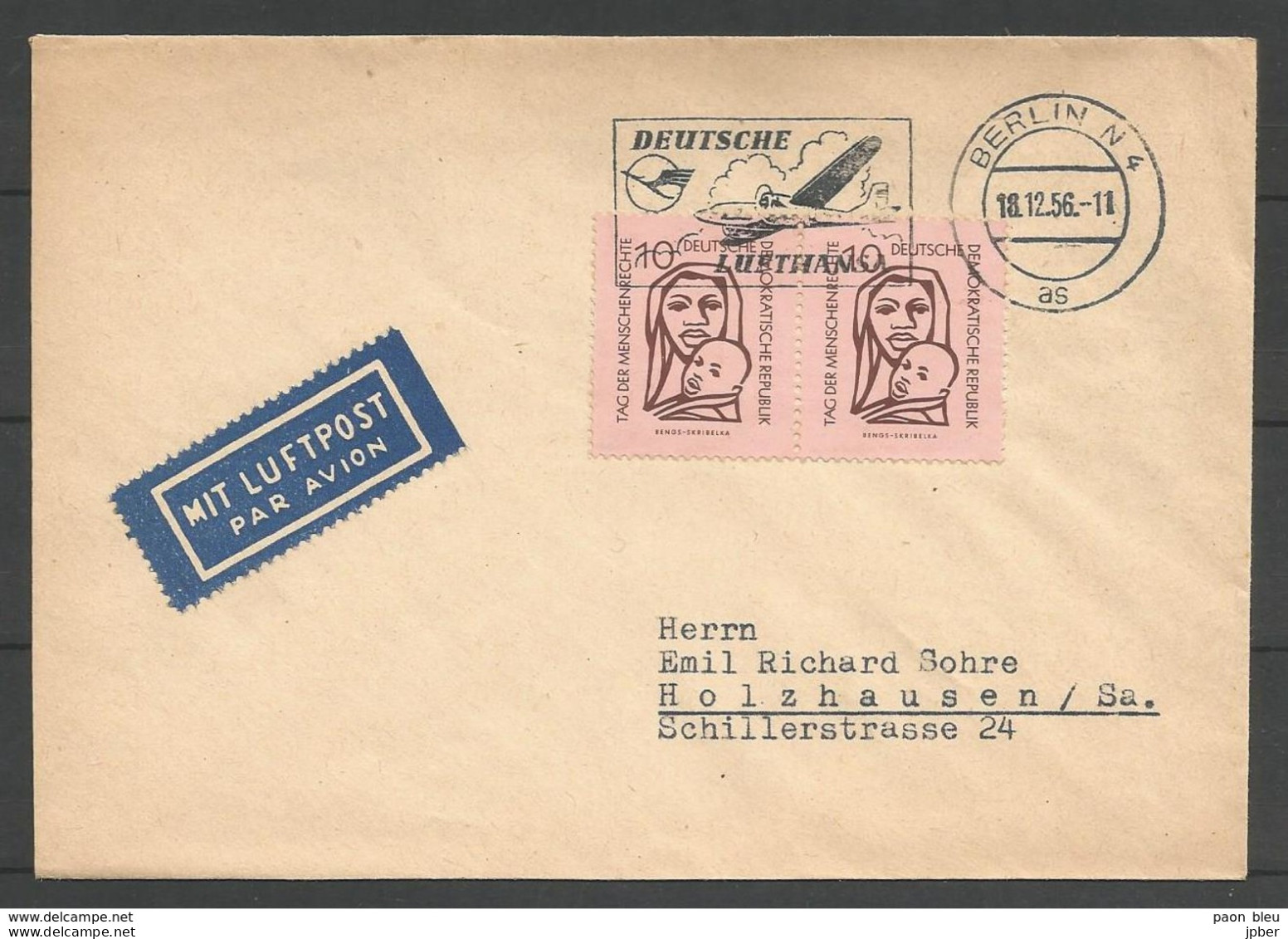 Aérophilatélie - DDR - Lettre 1956 - Luftpost Deutche Lufthansa - Berlin - Holzhausen - Altri & Non Classificati