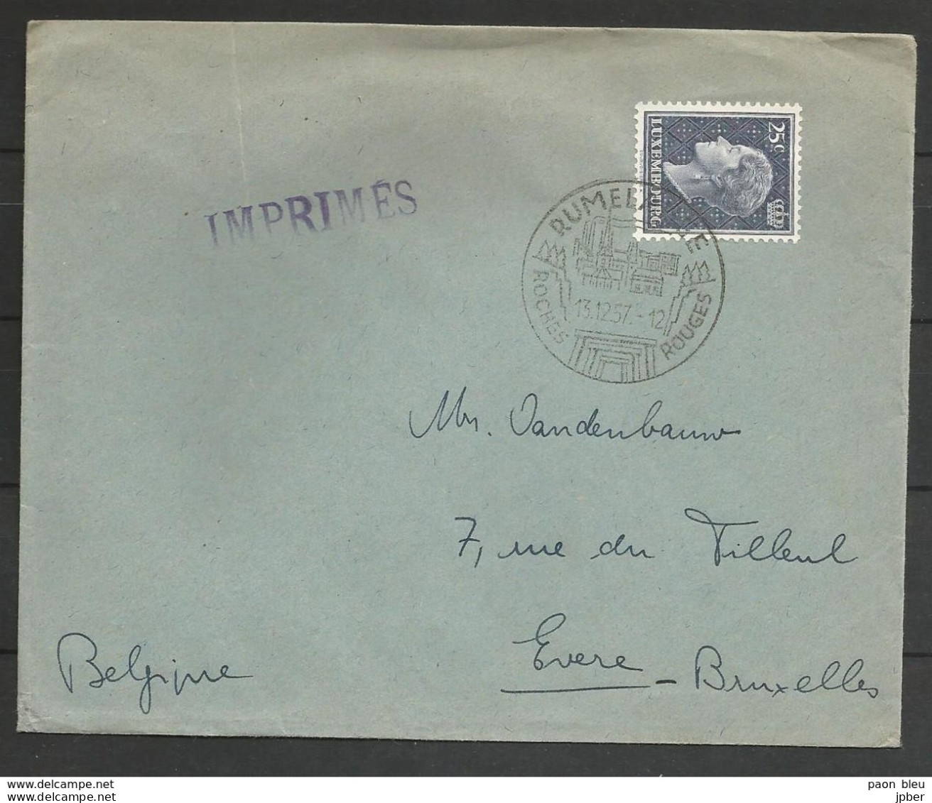 Luxembourg - Lettre Du 13/12/57 Rumelange Roches Rouges Vers Evere Bruxelles - 1948-58 Charlotte De Profil à Gauche