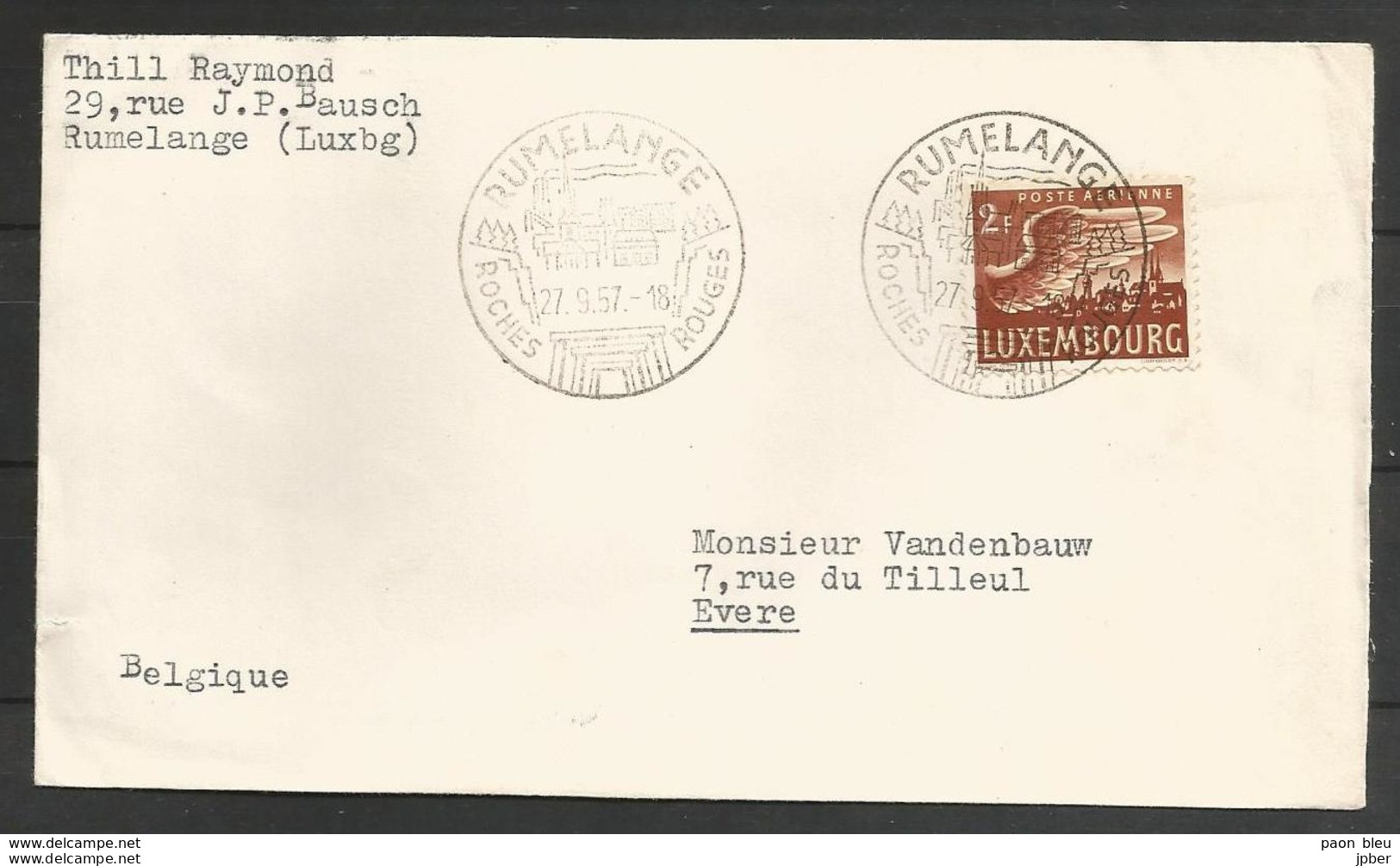 Aérophilatélie - Lettre Du 27/09/57 Rumelange Luxembourg Vers Evere - Lettres & Documents