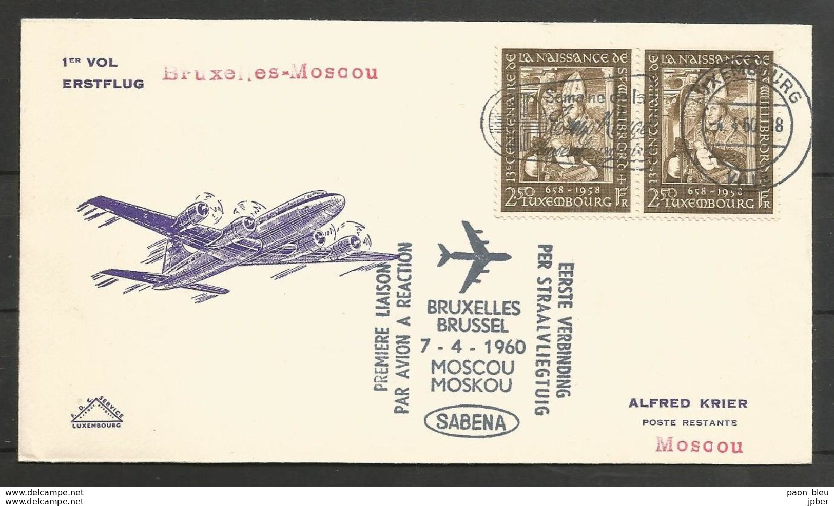 Aérophilatélie - Lettre 04/04/60 Luxembourg - 1er Vol Sabena Bruxelles-Moscou - St Willibrord - Briefe U. Dokumente