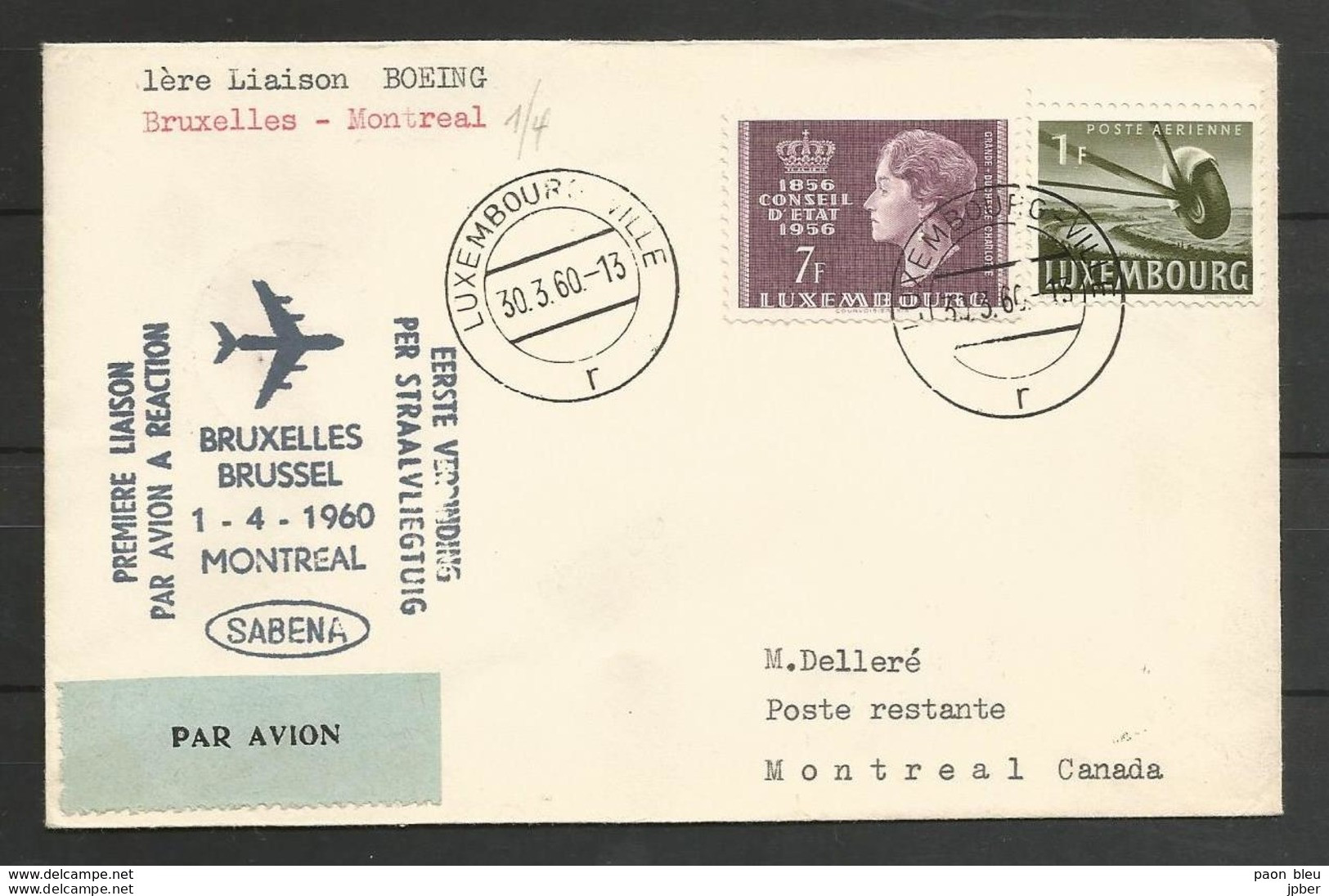 Aérophilatélie - Lettre 30/03/60 Luxembourg - 1er Vol Sabena Bruxelles-Montreal - Boeing - Briefe U. Dokumente