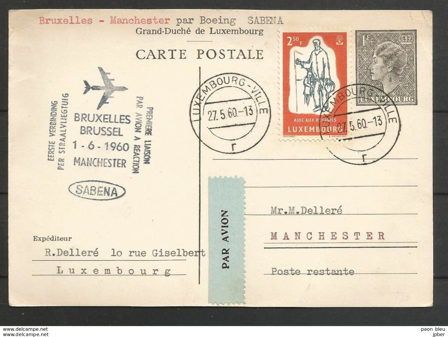 Aérophilatélie - Carte 27/05/60 Luxembourg - 1er Vol Sabena Bruxelles-Manchester Boeing - Covers & Documents