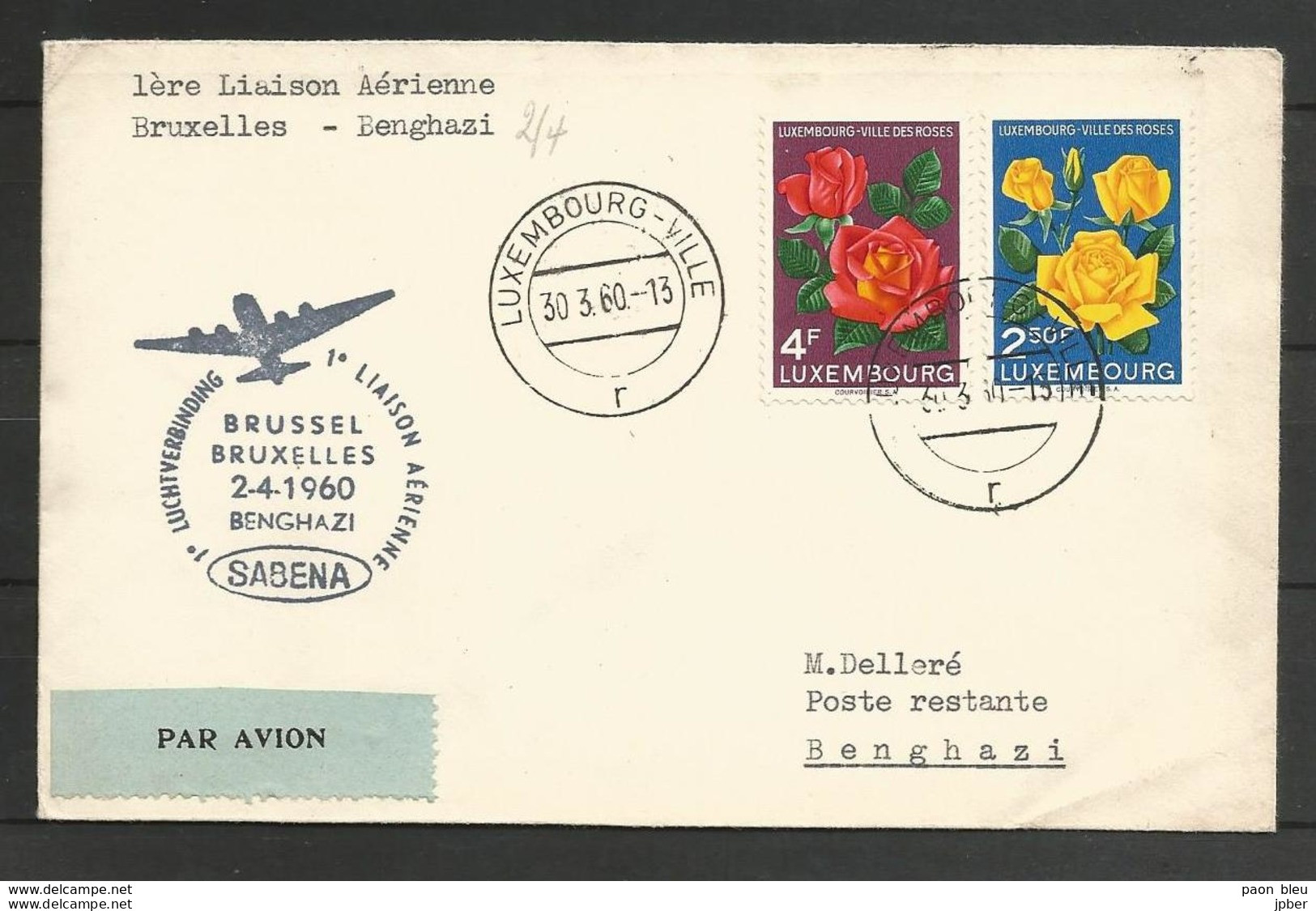 Aérophilatélie - Lettre 30/03/60 Luxembourg - 1er Vol Sabena Bruxelles-Benghazi - Covers & Documents