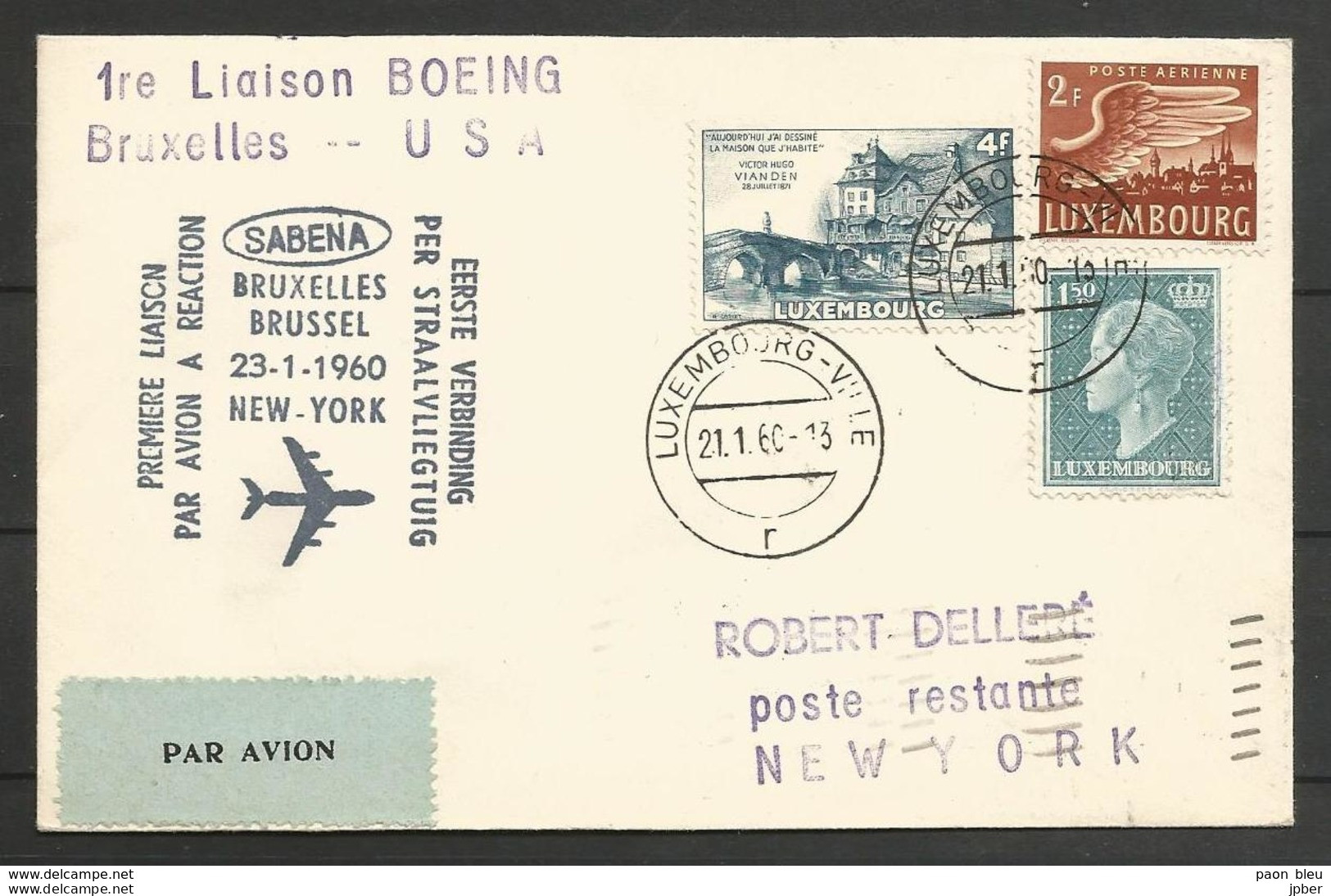 Aérophilatélie - Lettre 23/01/60 Luxembourg - 1er Vol Sabena Bruxelles-New York - Boeing Avion à Réaction - Storia Postale